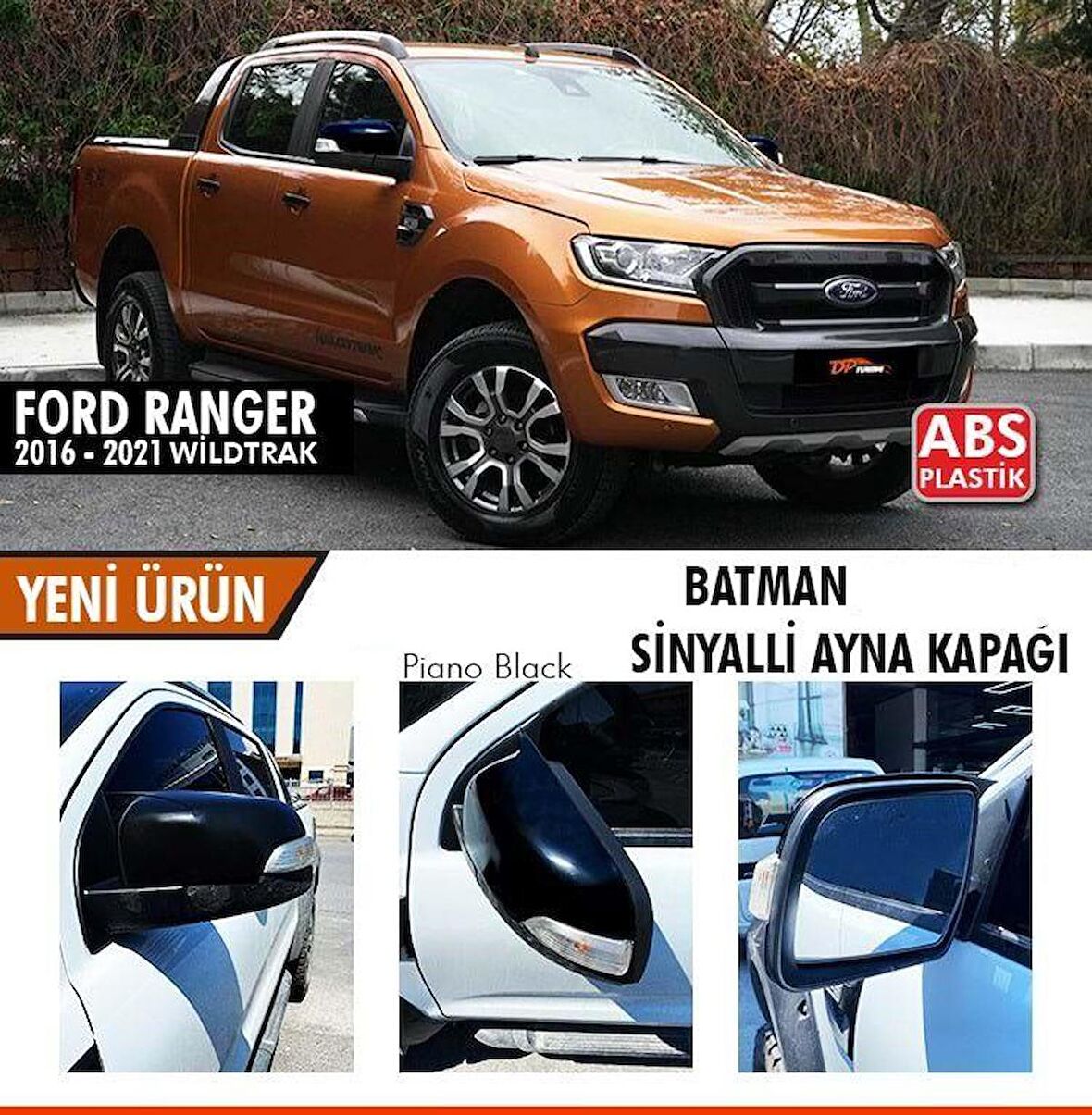 Ford Ranger T6 2016-2021 Sinyalli Batman Yarasa Ayna Kapağı Piano Black ABS Plastik