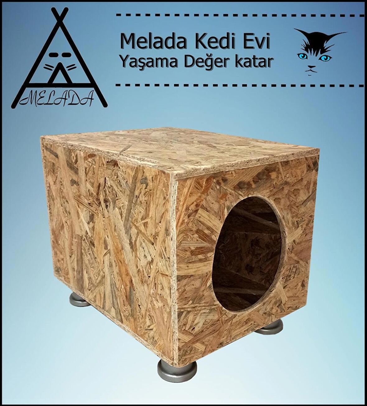 Melada Kedi Evi Dış Ortam Uygun Ahşap Kedi Evi OSB Plastik Ayak 40x40x30 cm