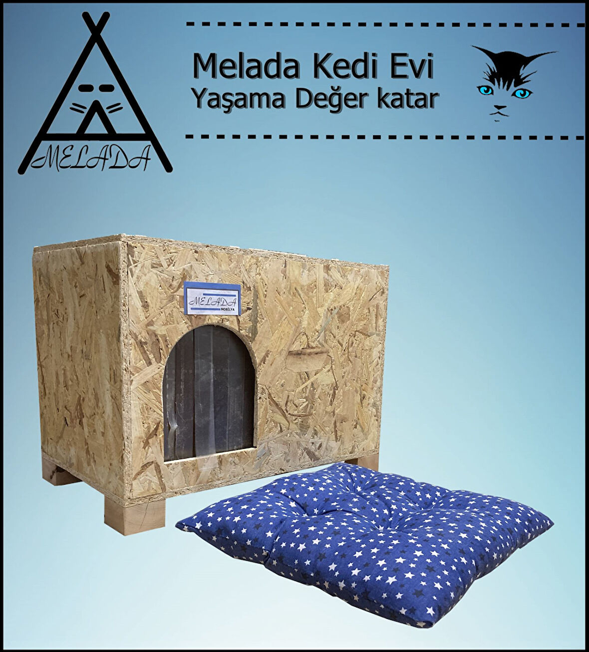 Melada Kedi Evi Dış Ortam Uygun Ahşap Kedi Evi OSB Minderli 61x41x36 cm