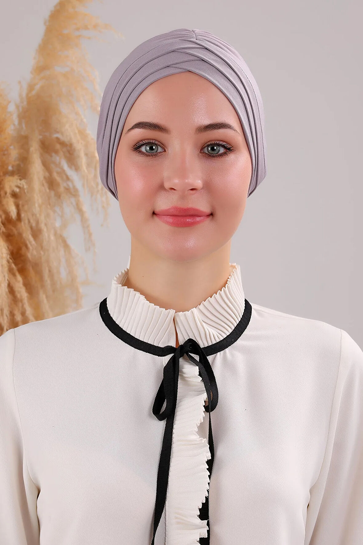 Kadın Üç Bantlı Çapraz Hazır Türban Havuz Deniz Dış Bone Açık Gri