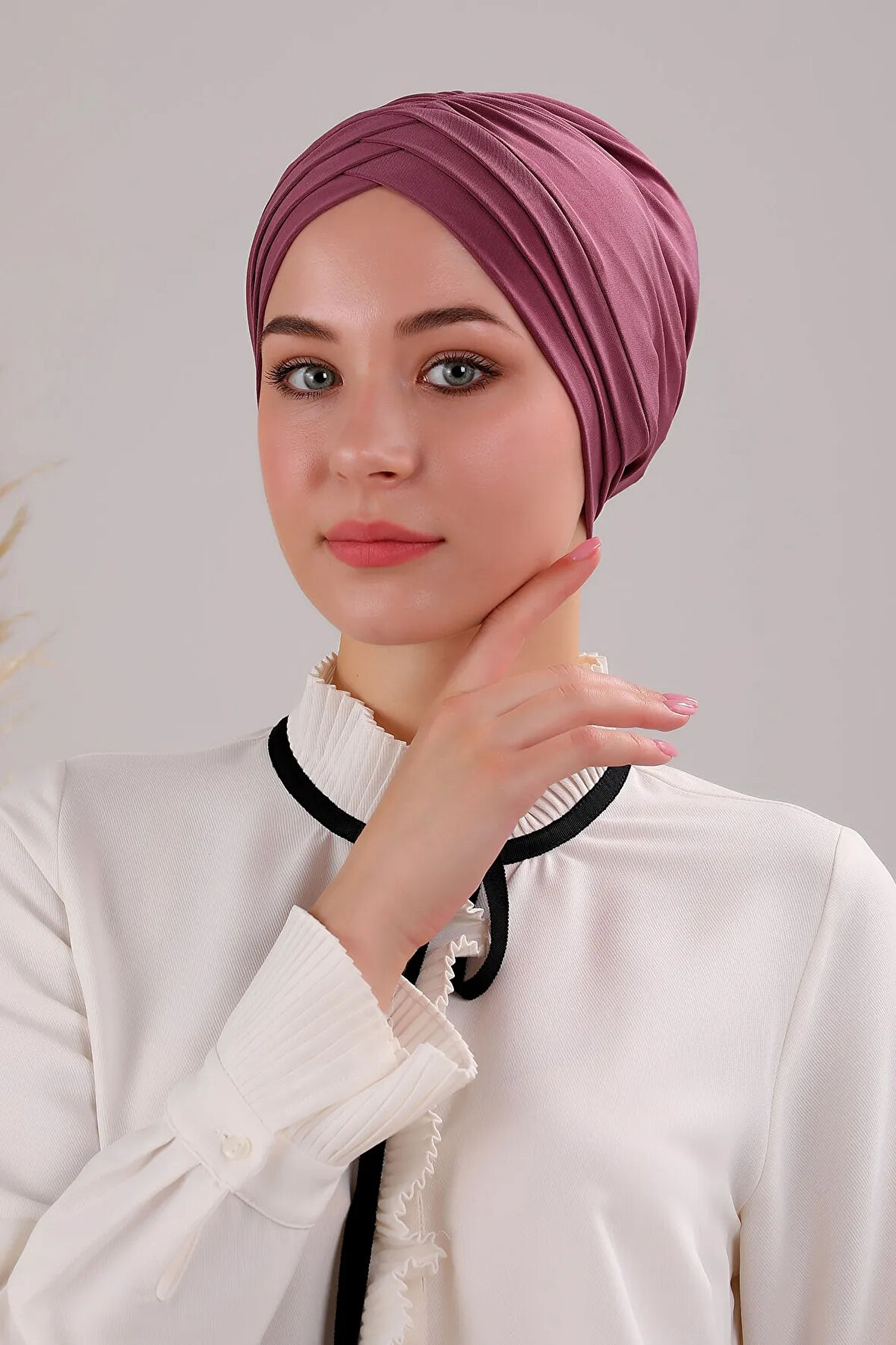 Kadın Üç Bantlı Çapraz Hazır Türban Dış Bone Mor