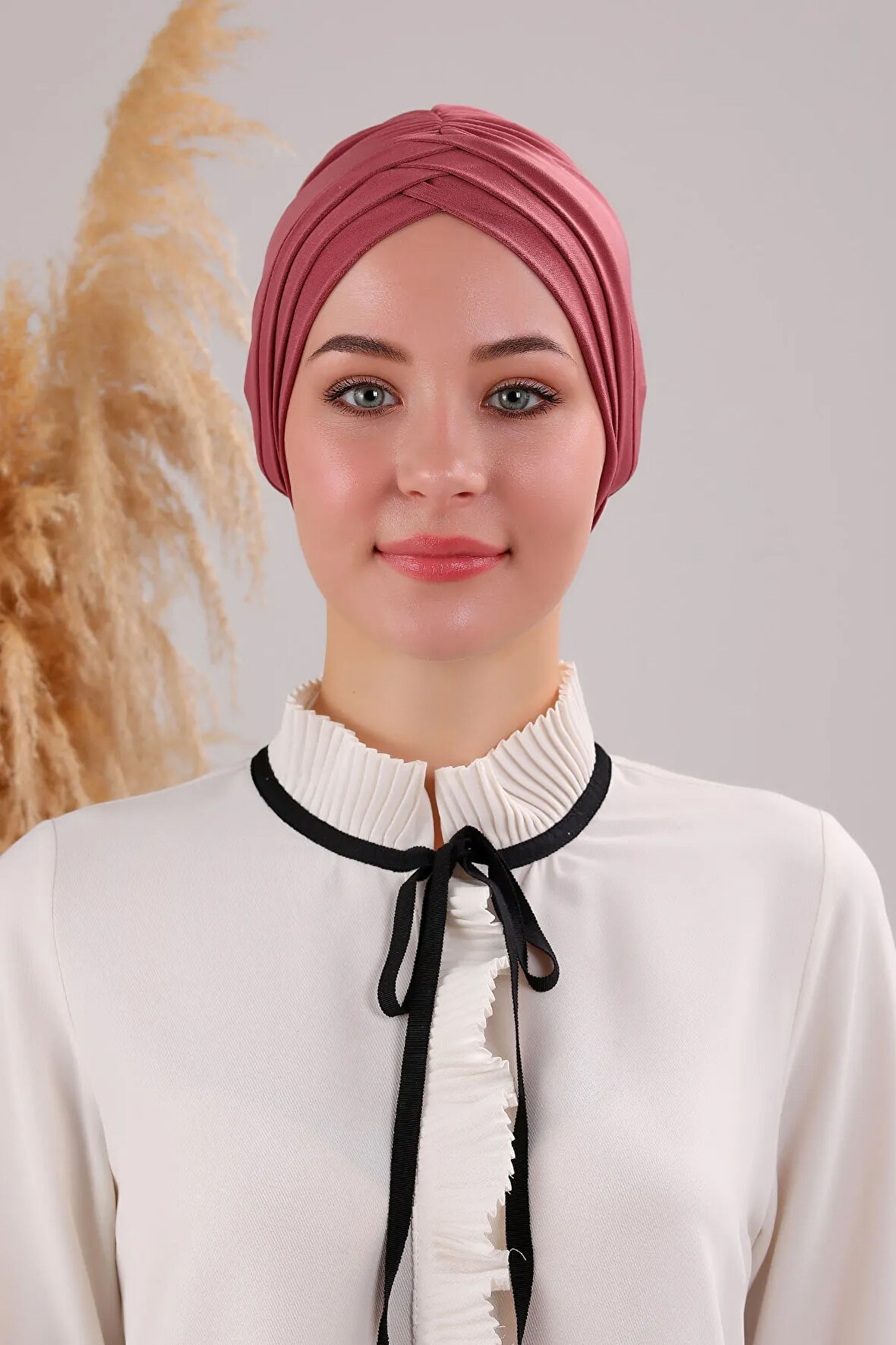 Kadın Üç Bantlı Çapraz Hazır Türban Dış Bone Gül Kurusu