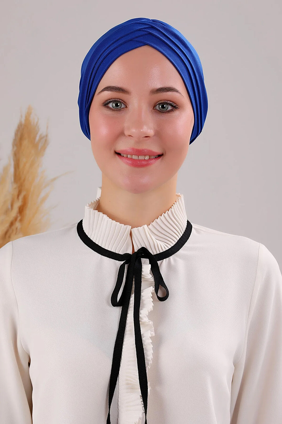 Kadın Üç Bantlı Çapraz Hazır Türban Dış Bone Saks Mavisi