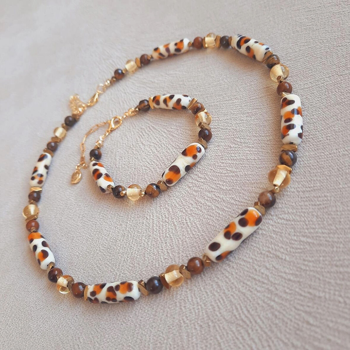 Murano Leopar Kaplan Gözü Doğal Taş Kolye Bileklik Seti