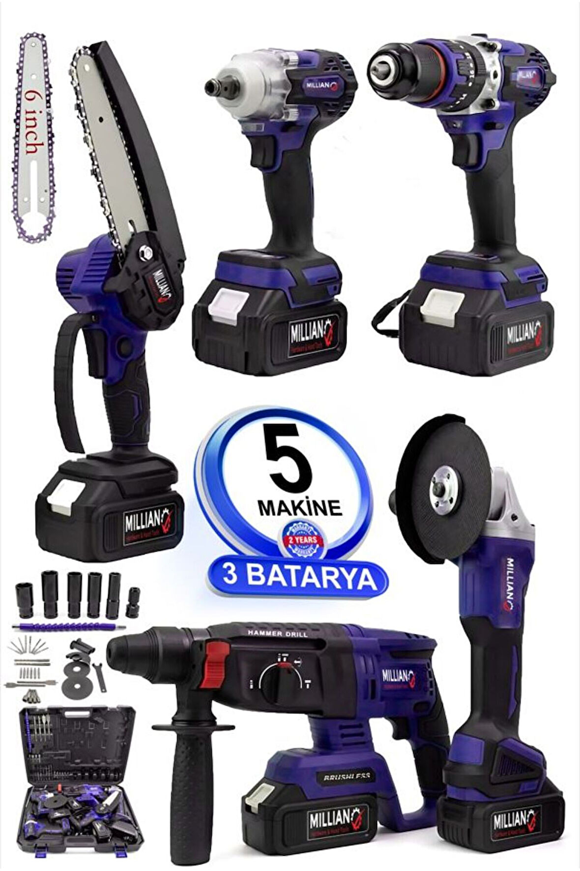 Şarjlı 5 Makine 3 Batarya Akülü Kömürsüz Hilti - Taşlama - Somun Sökme Sıkma - Matkap - Dal Budama