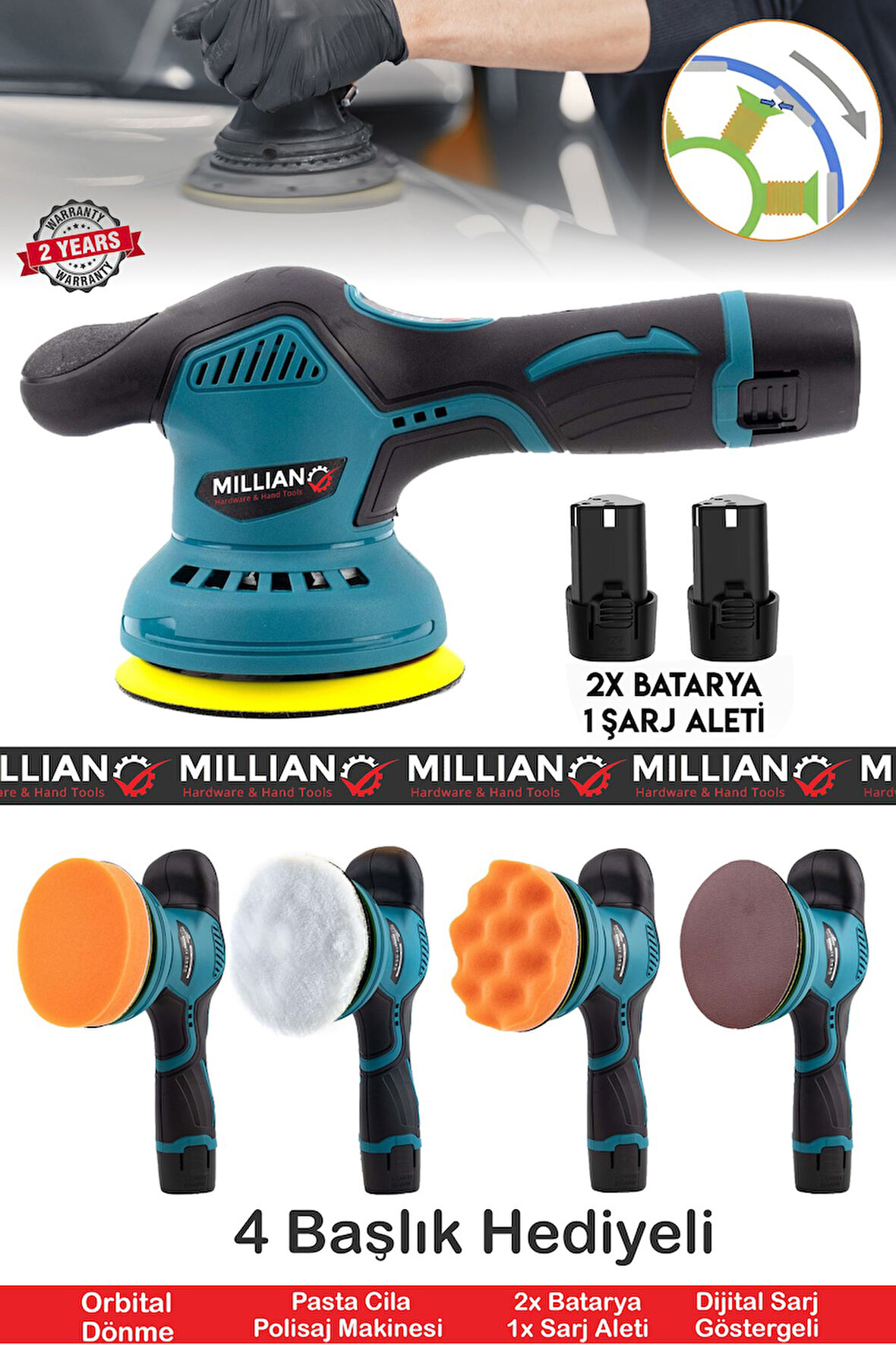 58 V Orbital 6 Kademeli Otomatik Şanzıman Devir Ayarlı Zımpara Cila Pasta Parlatma Polisaj Makinesi