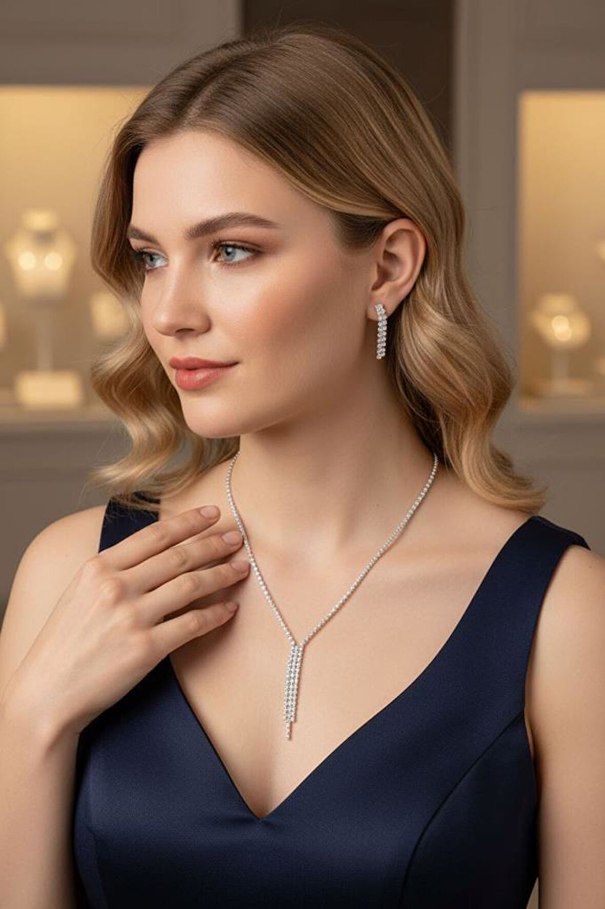 Accessories Taşlı İnce Su Yolu Kolye ve Küpe Düğün, Kına, Nişan Gelin Takı Seti