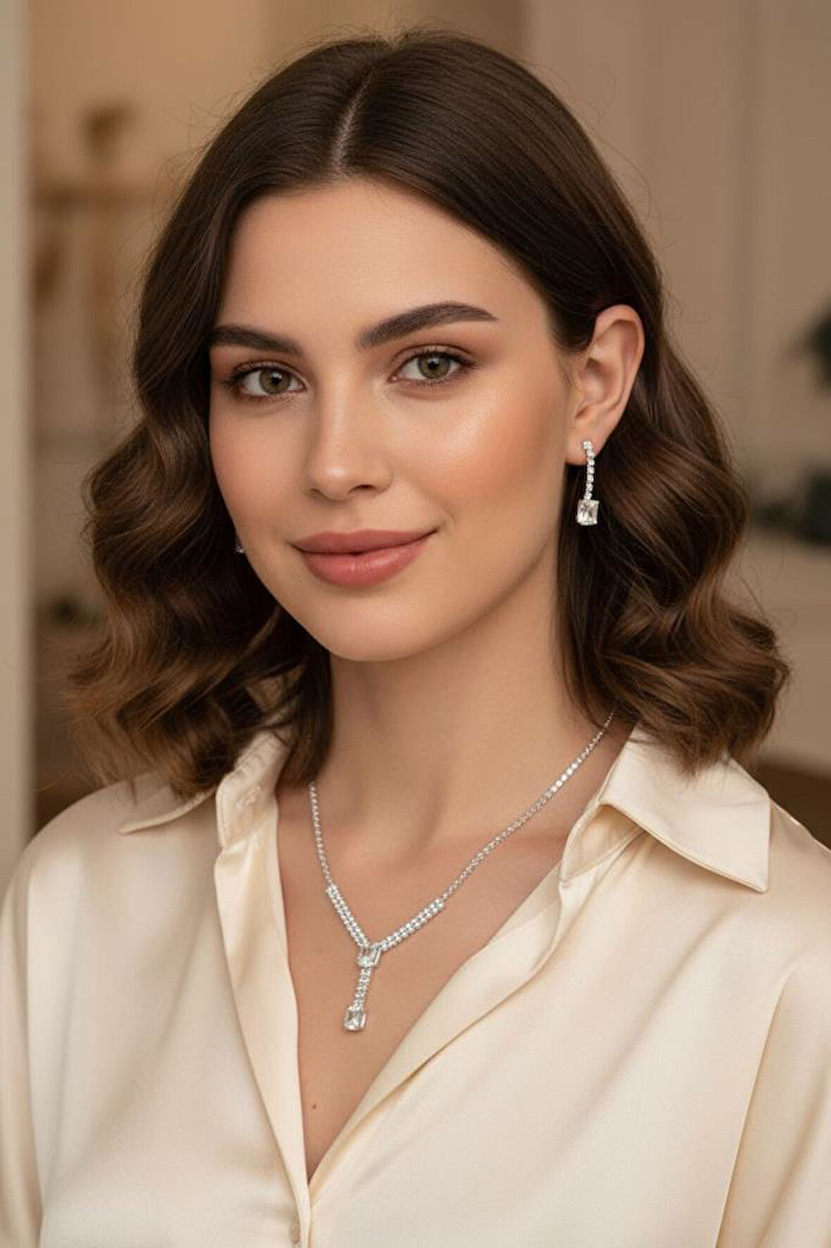 Accessories Kare Taşlı Kolye ve Küpe Düğün, Kına, Nişan Gelin 2'li Takı Seti