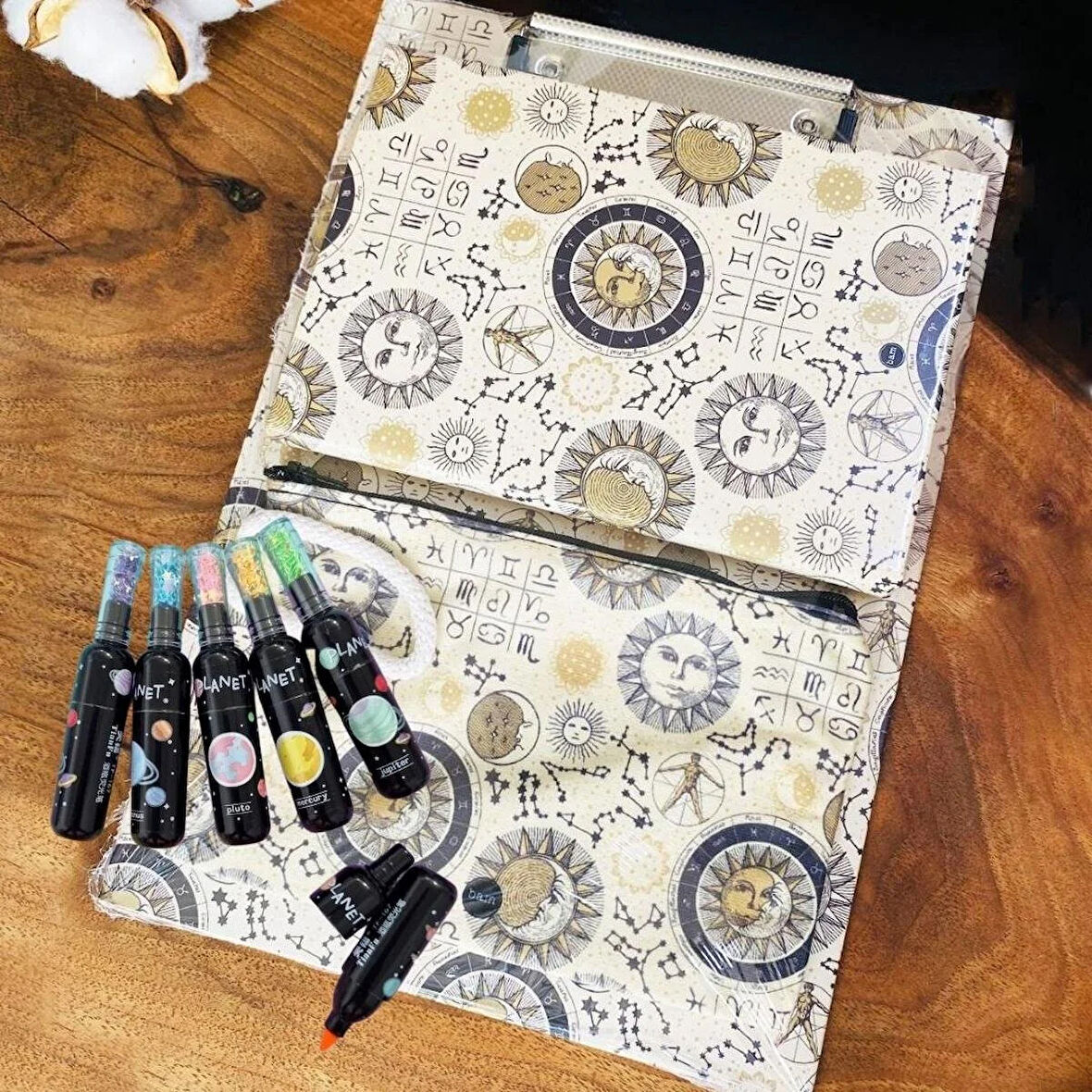 Tarot Ay Ve Güneş Tasarımlı Sekreterlik Defter Ve Galaxy 6'lı Keçeli Kalem Kalemlik Kırtasiye Seti