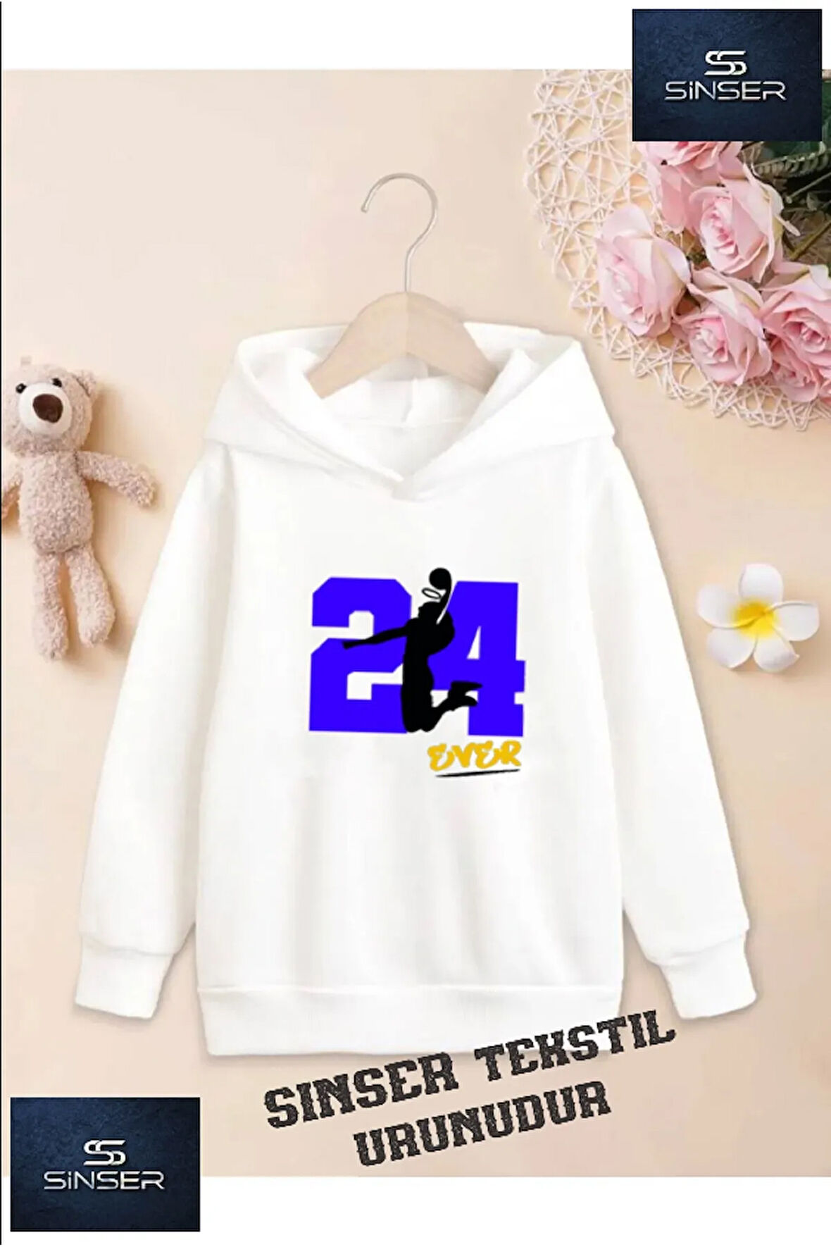 Kız/Erkek Çocuk Beyaz Kapüşonlu ''24 BASKET'' Baskılı Sweatshirt