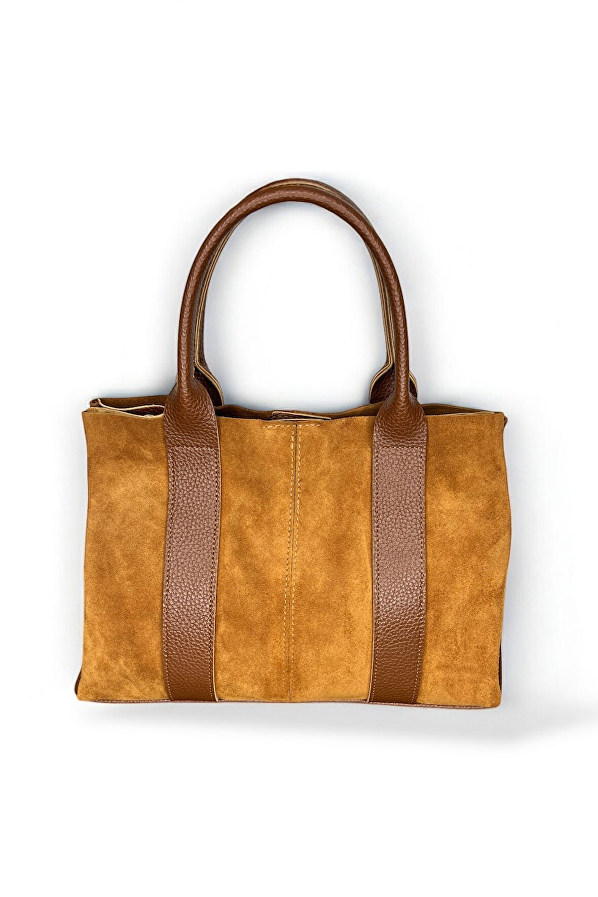 Süet ve Deri Detaylı Kadın El Çantası, Kahverengi Deri Saplı, Karamel Rengi