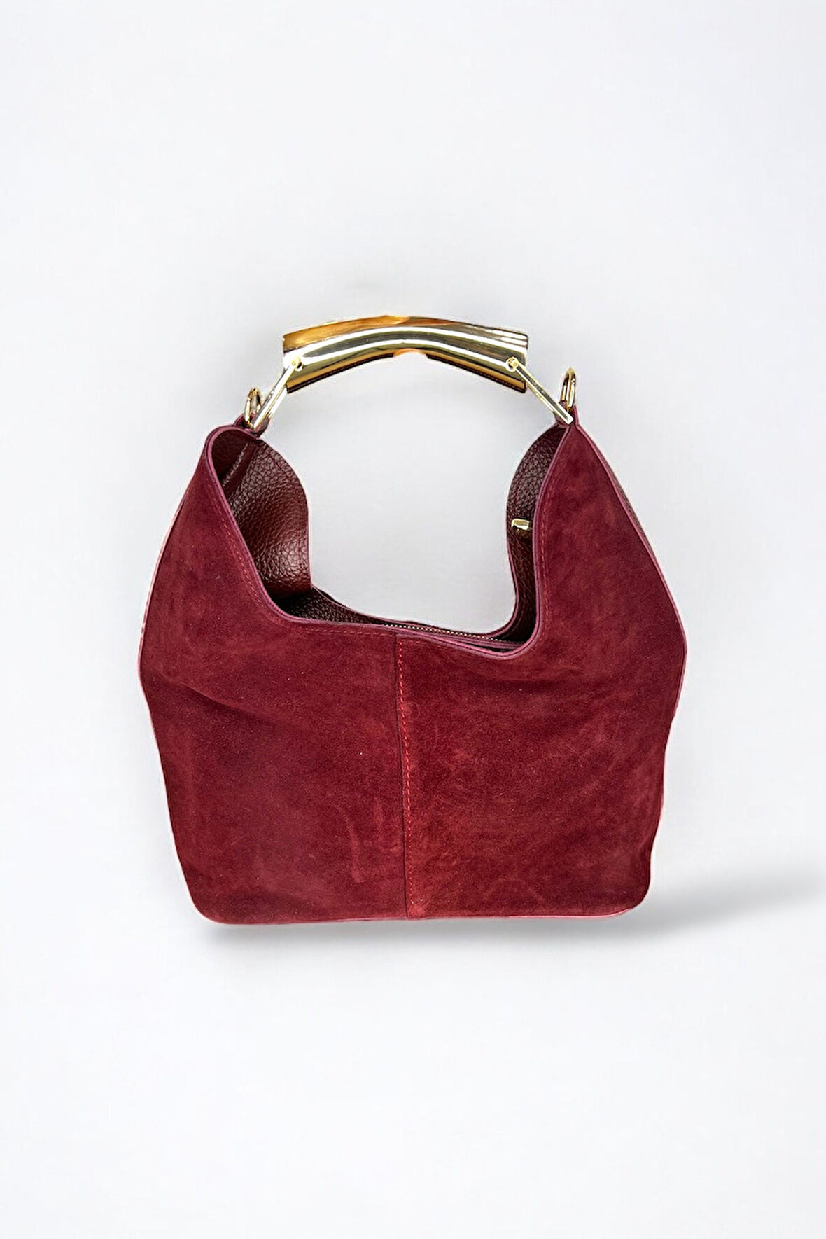 Süet Hobo Çanta, Bordo Renk, Altın Rengi Metal Detaylı, Leopar Desenli İç Astar