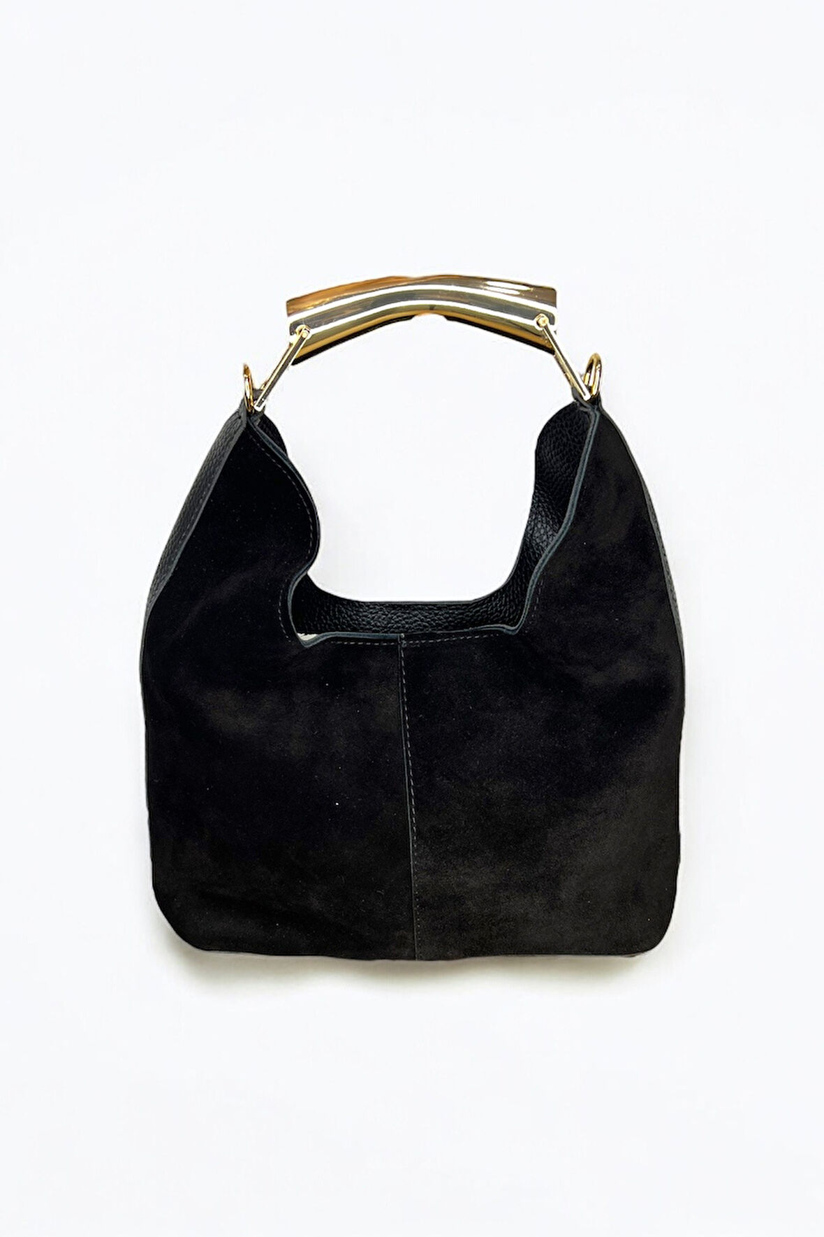 Siyah Süet Hobo Çanta, Leopar Desenli Astar, Altın Rengi Metal Detaylı