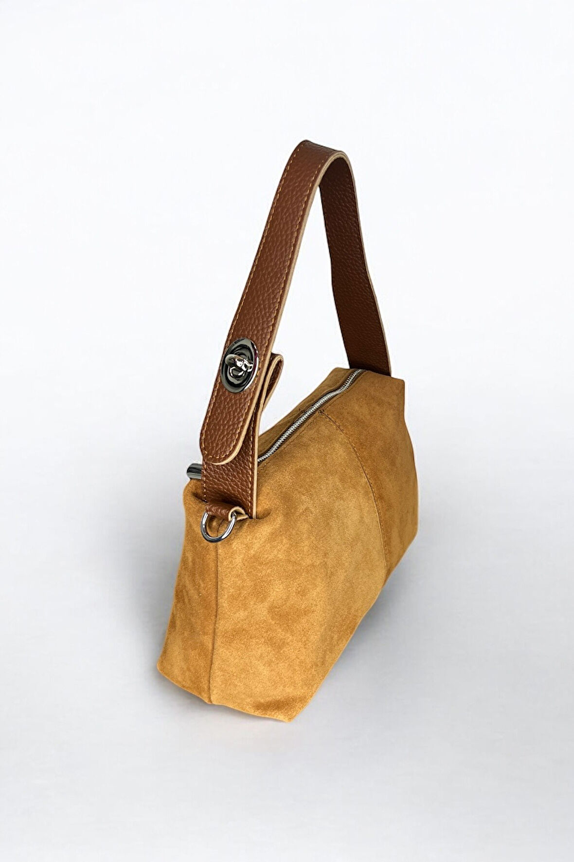 Süet Omuz Çantası, Karamel Rengi, Leopar Desenli Astar, Kahverengi Deri Askılı