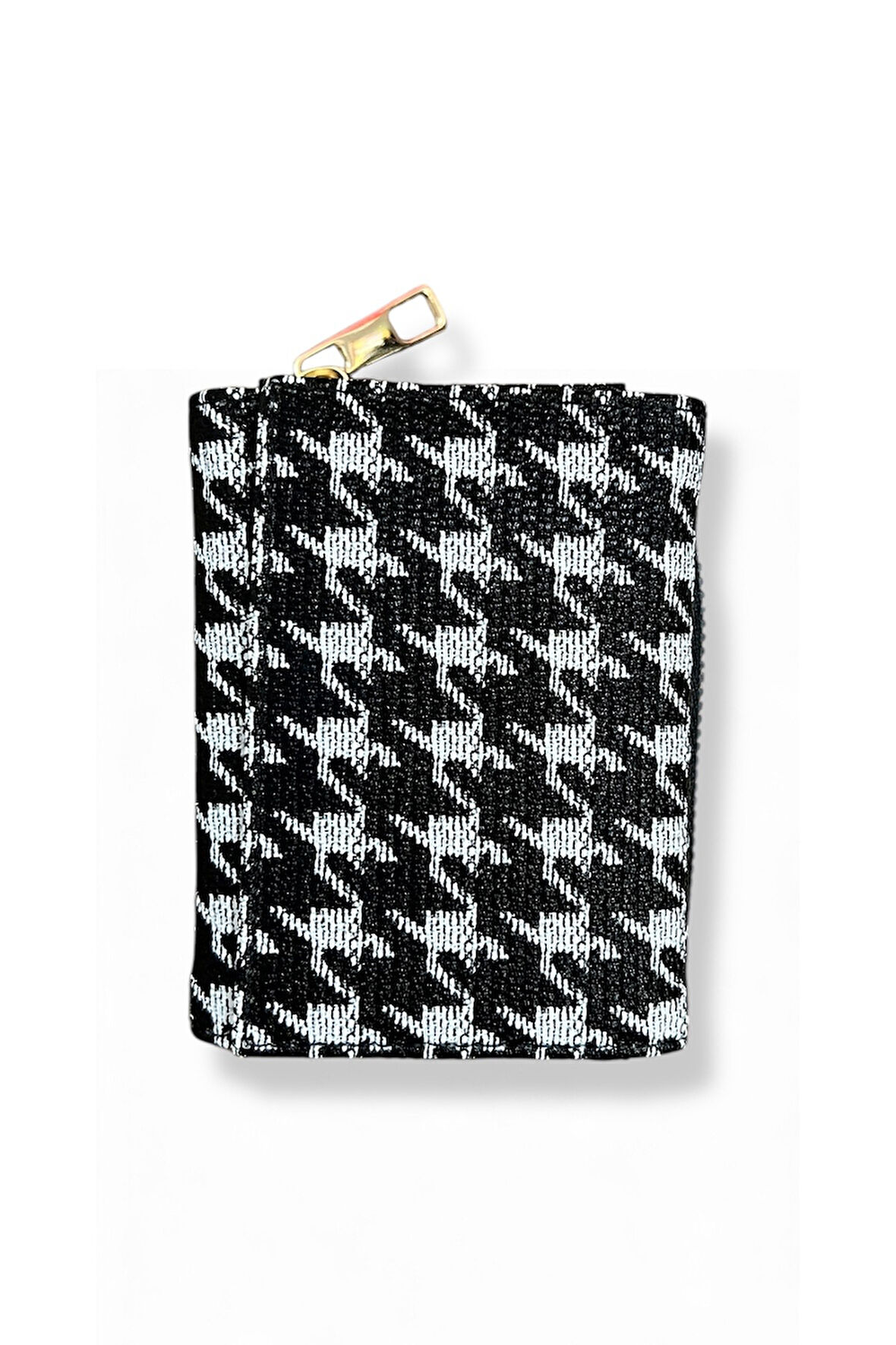 Fermuarlı Houndstooth Desenli Cüzdan, Siyah Beyaz, İç Bölmeli, Kartlık