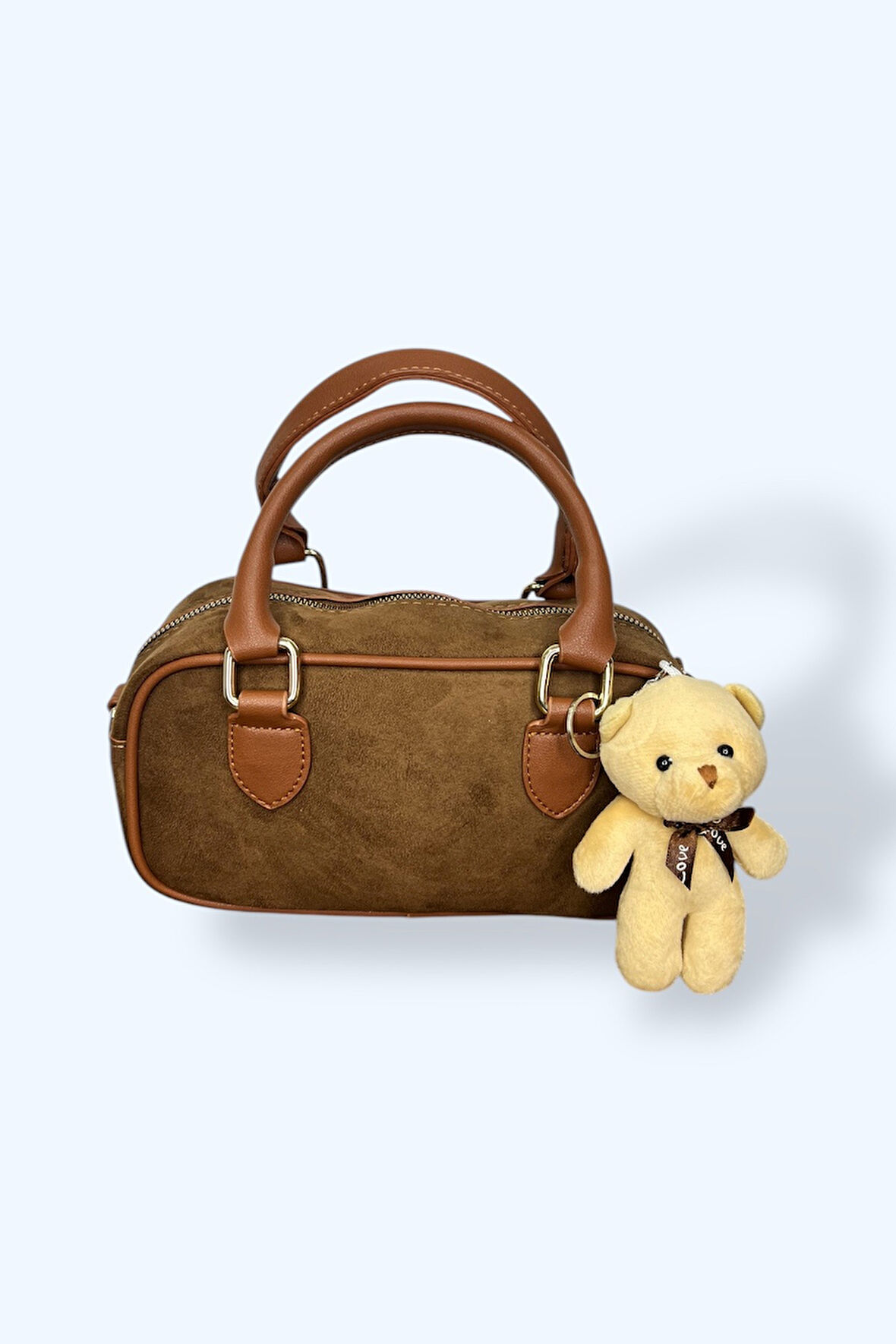 Süet Mini Boston Çanta, Kahverengi Deri Detaylı, Ayıcık Aksesuarlı