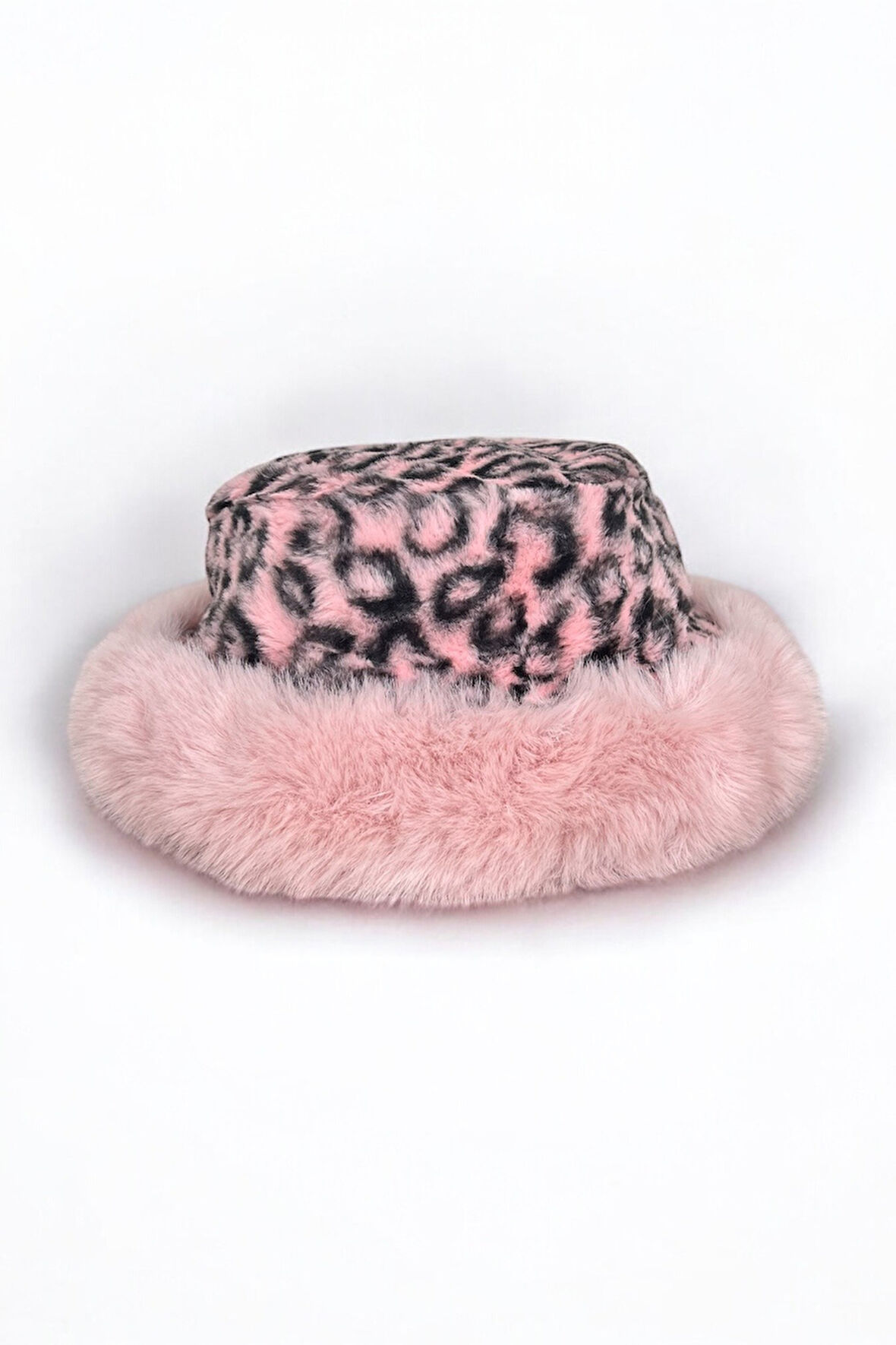Leopar Desenli Pembe Peluş Kürk Şapka, Yumuşak Faux Fur Kenarlı