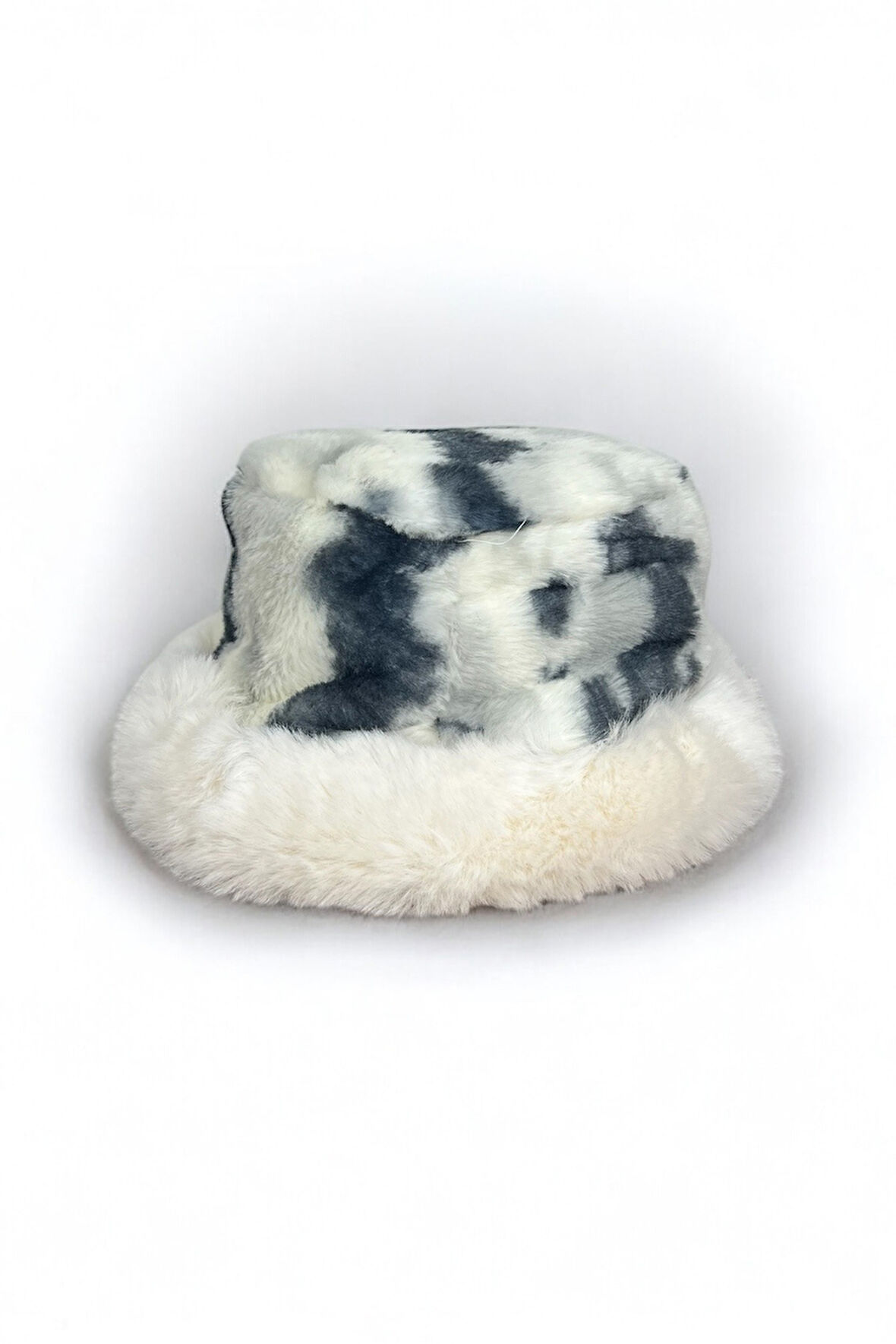 Kadın Siyah Beyaz Desenli Peluş Kova Şapka, Yumuşak Kürklü
