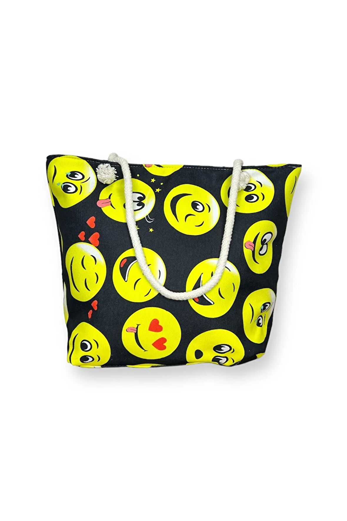 Kadın Çok Amaçlı Büyük Boy İçi Astarlı Fermuarlı Siyah Renkli Emoji Desenli Örgülü Yumuşak Saplı Deniz Plaj El ve Omuz Çantası