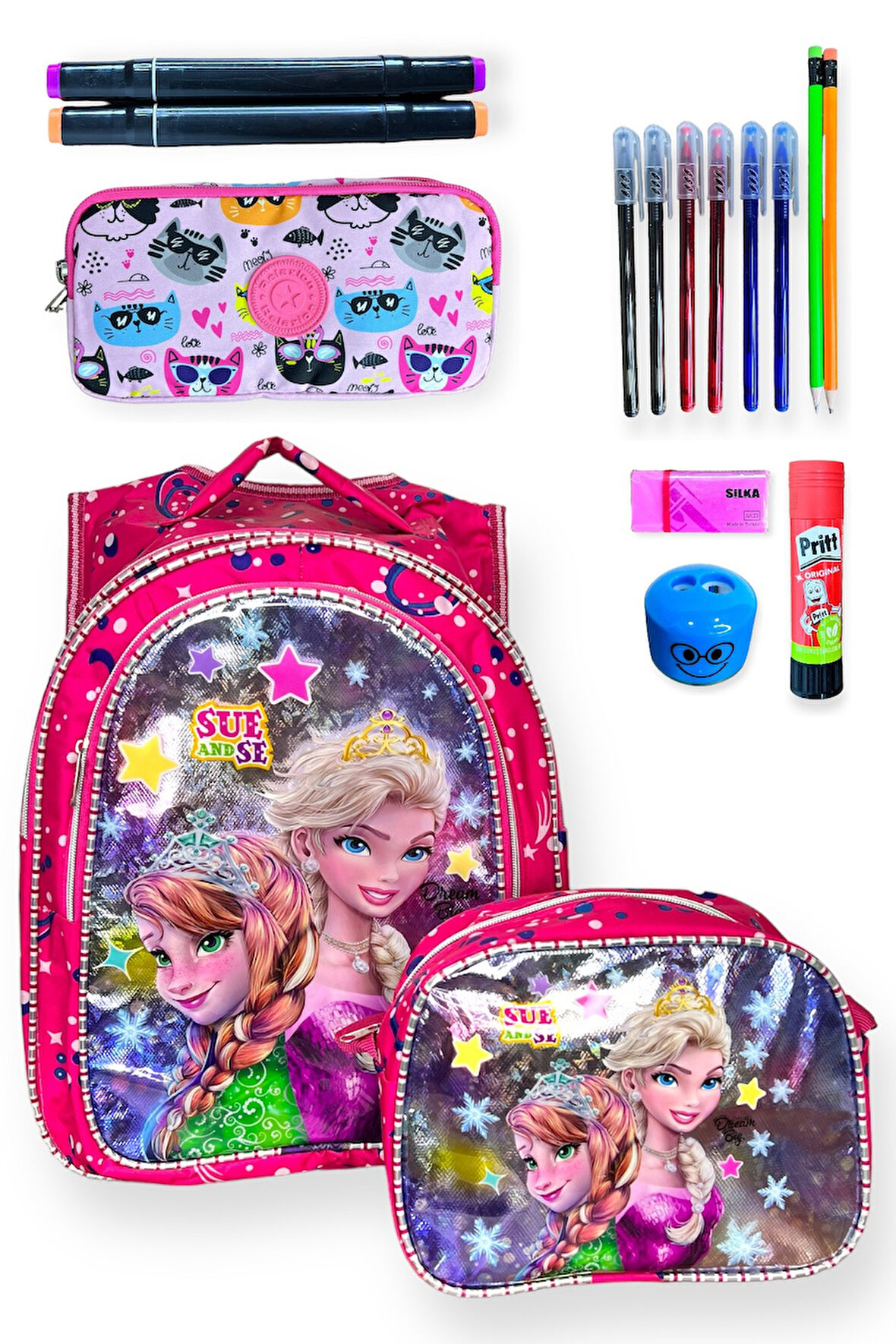 Frozen Temalı İlkokul Çanta Seti, Pembe Sırt Çantası ve Beslenme Çantası, Kırtasiye Malzemeleri ile Birlikte