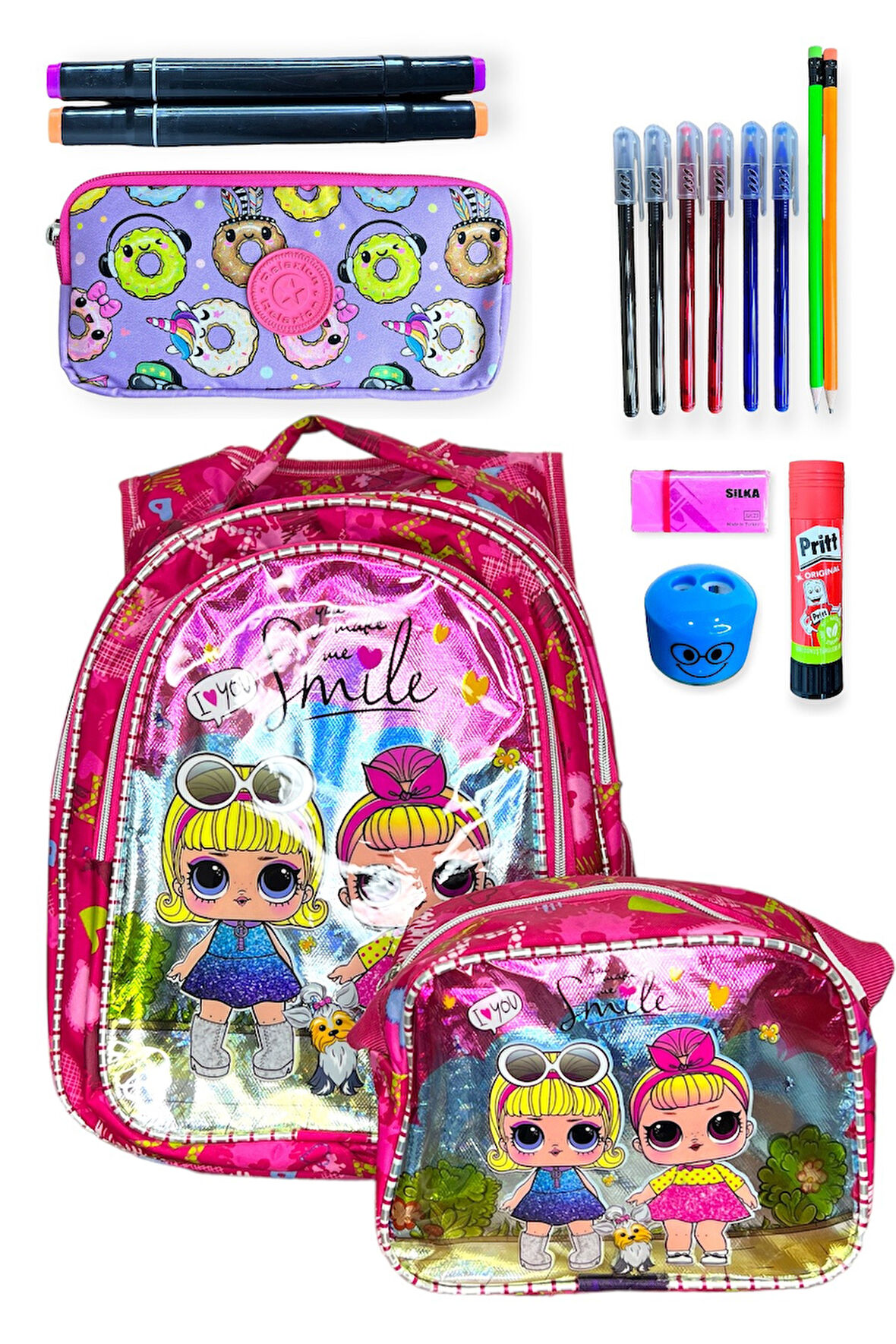Kız Çocuk Okul Çantası Seti, Pembe Sırt Çantası ve Beslenme Çantası, Kalem Kutusu ve Kırtasiye Malzemeleri