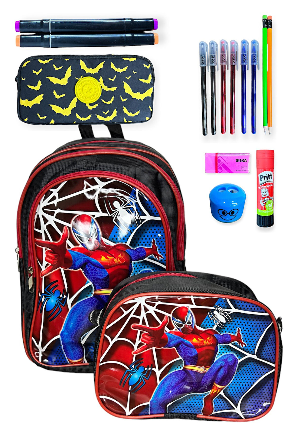 Spiderman İlkokul Çanta Seti, 3 Bölmeli Sırt Çantası, Beslenme Çantası ve Kalem Kutusu, Kırmızı-Mavi