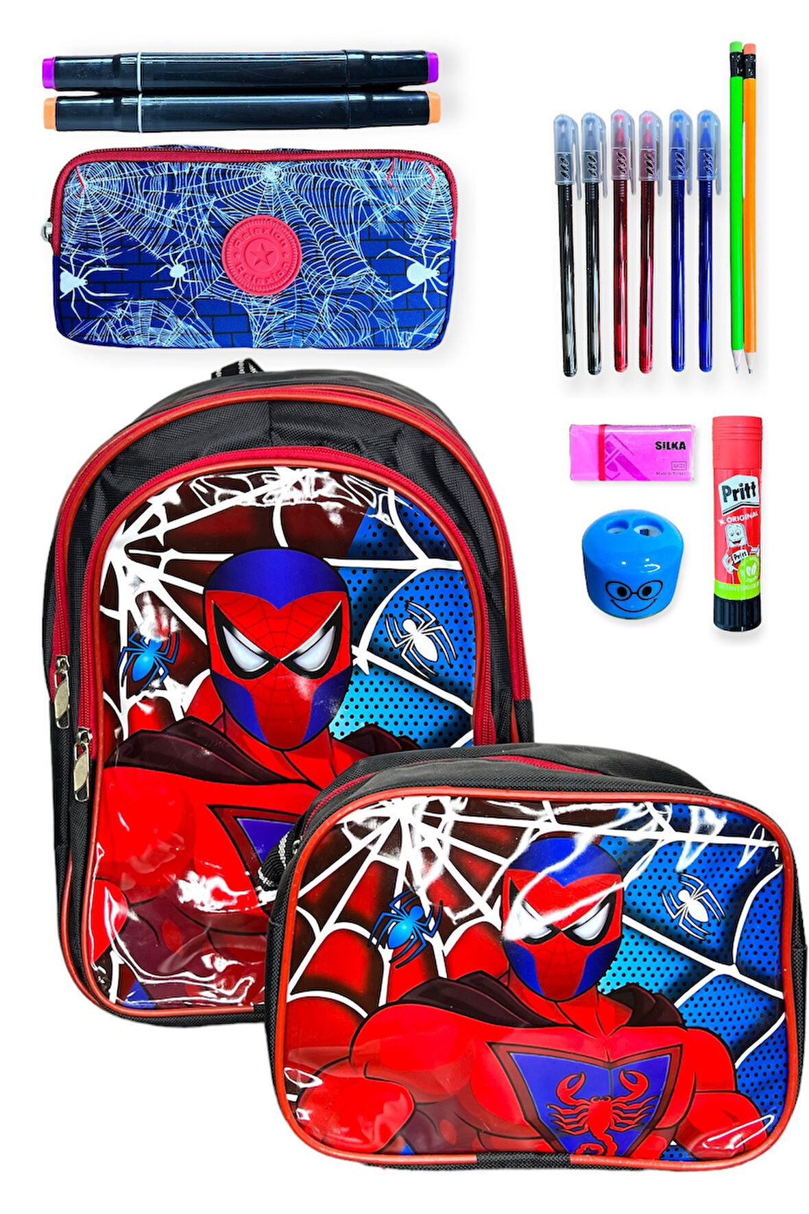 Spider-Man Okul Çantası Seti, Kırmızı-Mavi Desenli Sırt Çantası, Beslenme Çantası ve Kalem Kutusu, İlkokul Çanta Takımı