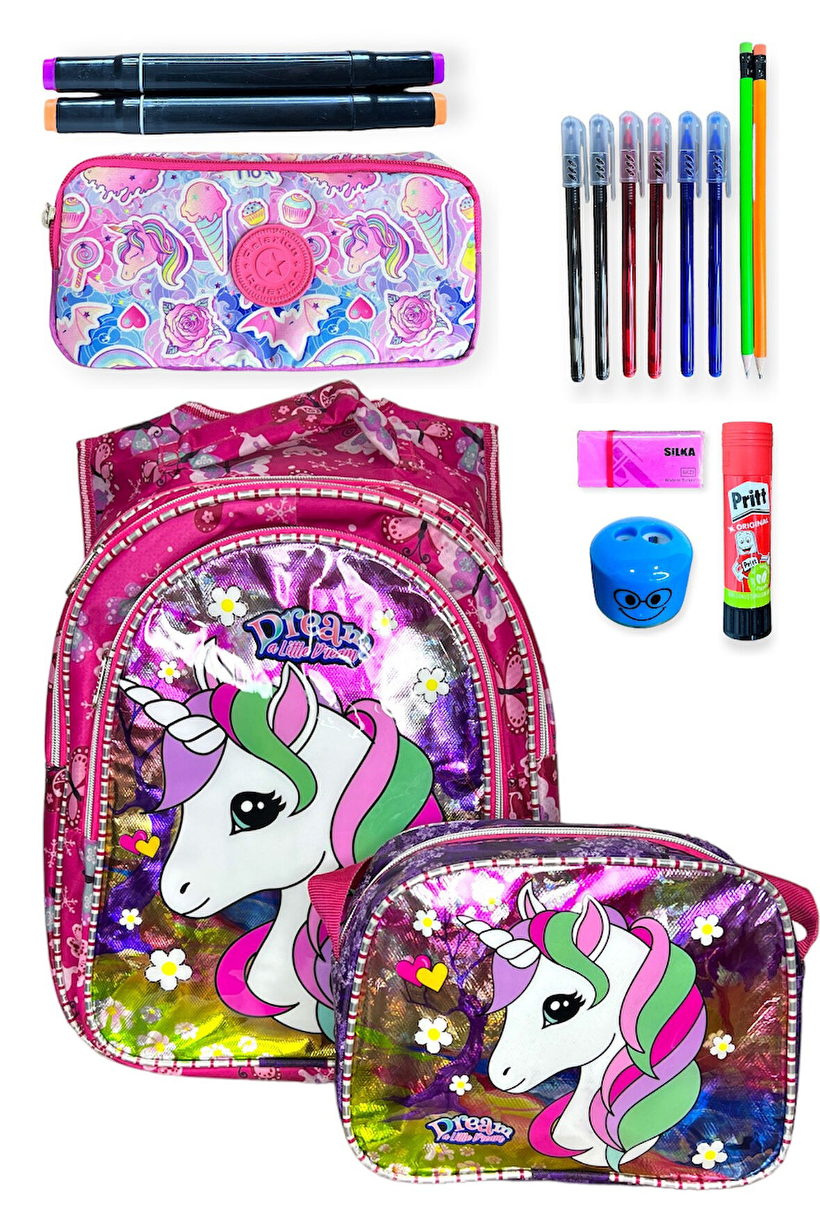 Unicorn Desenli İlkokul Çanta Seti, Sırt Çantası ve Beslenme Çantası, Pembe Kalem Kutusu ve Kırtasiye Malzemeleri