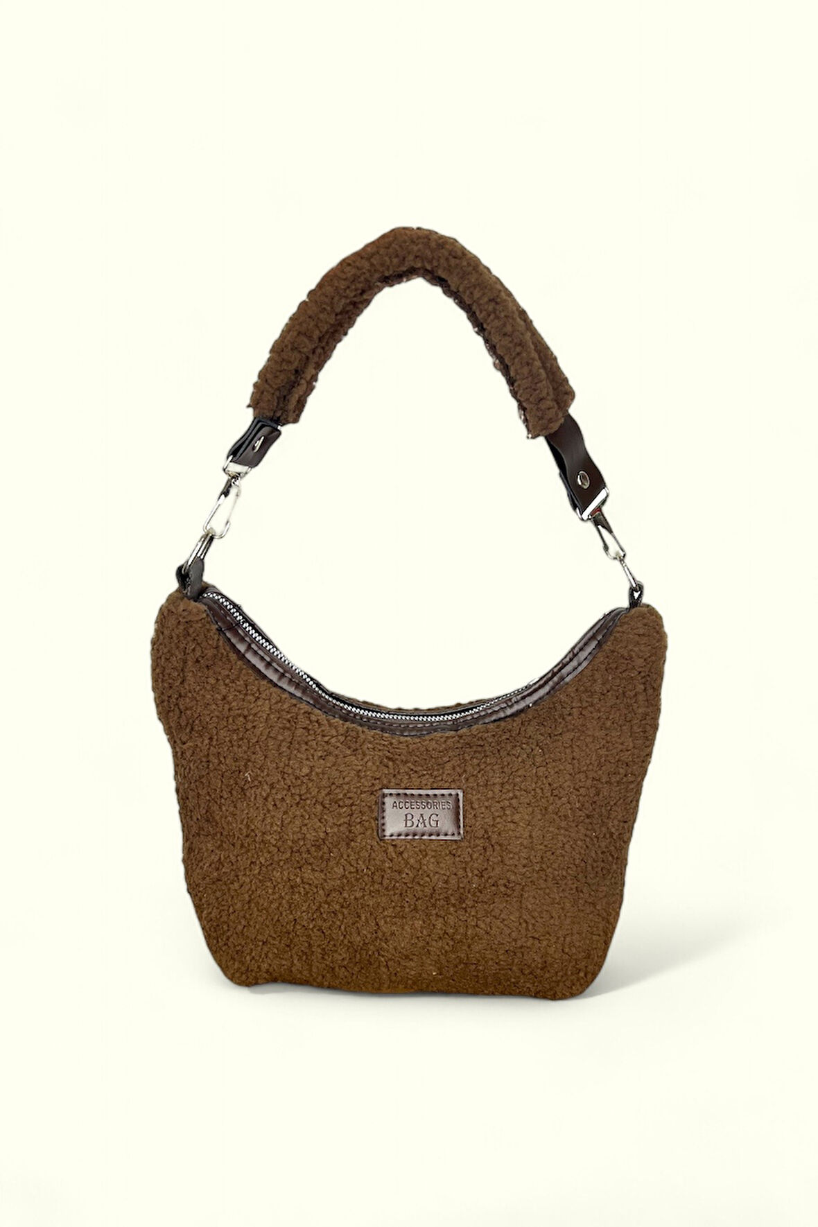 Kahverengi Peluş Omuz Çantası, Fermuarlı, Metal Aksesuarlı