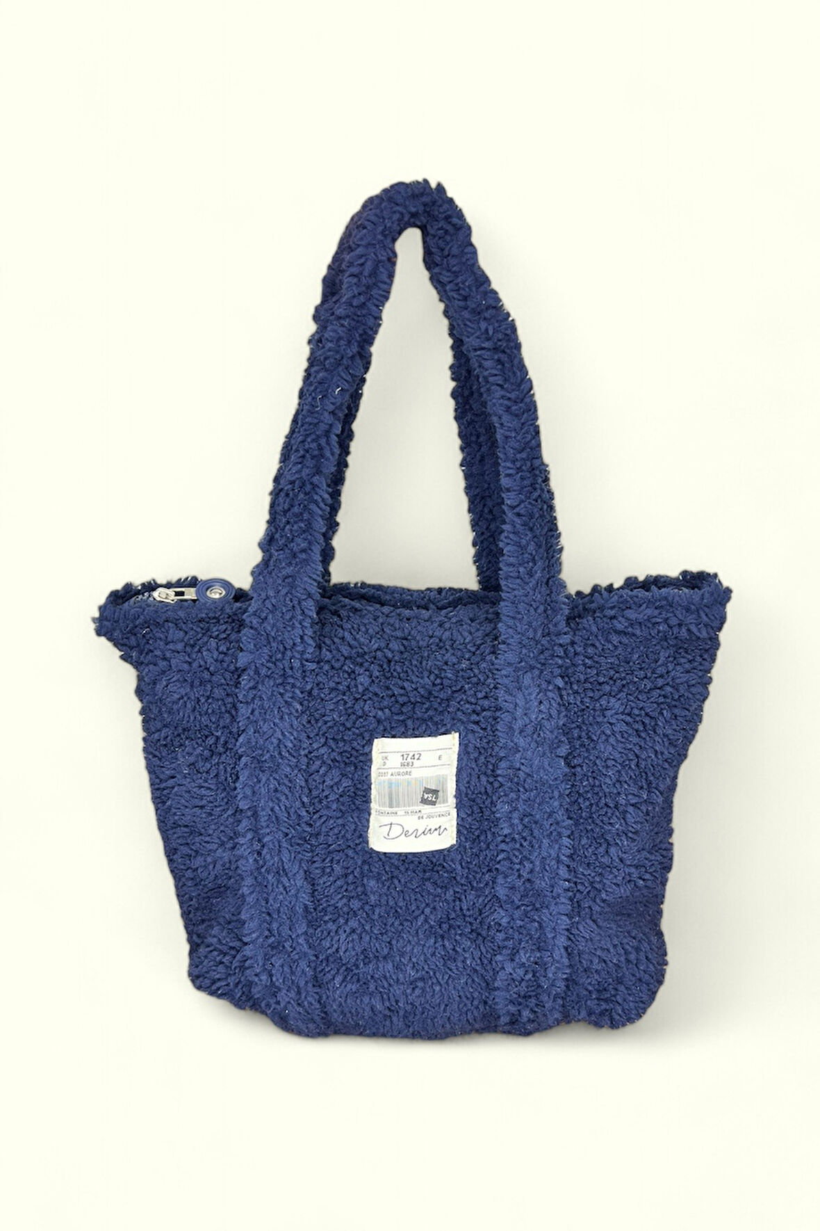 Yumuşak Dokulu Tüylü Denim Çanta, Lacivert, Fermuarlı, Günlük Kullanım