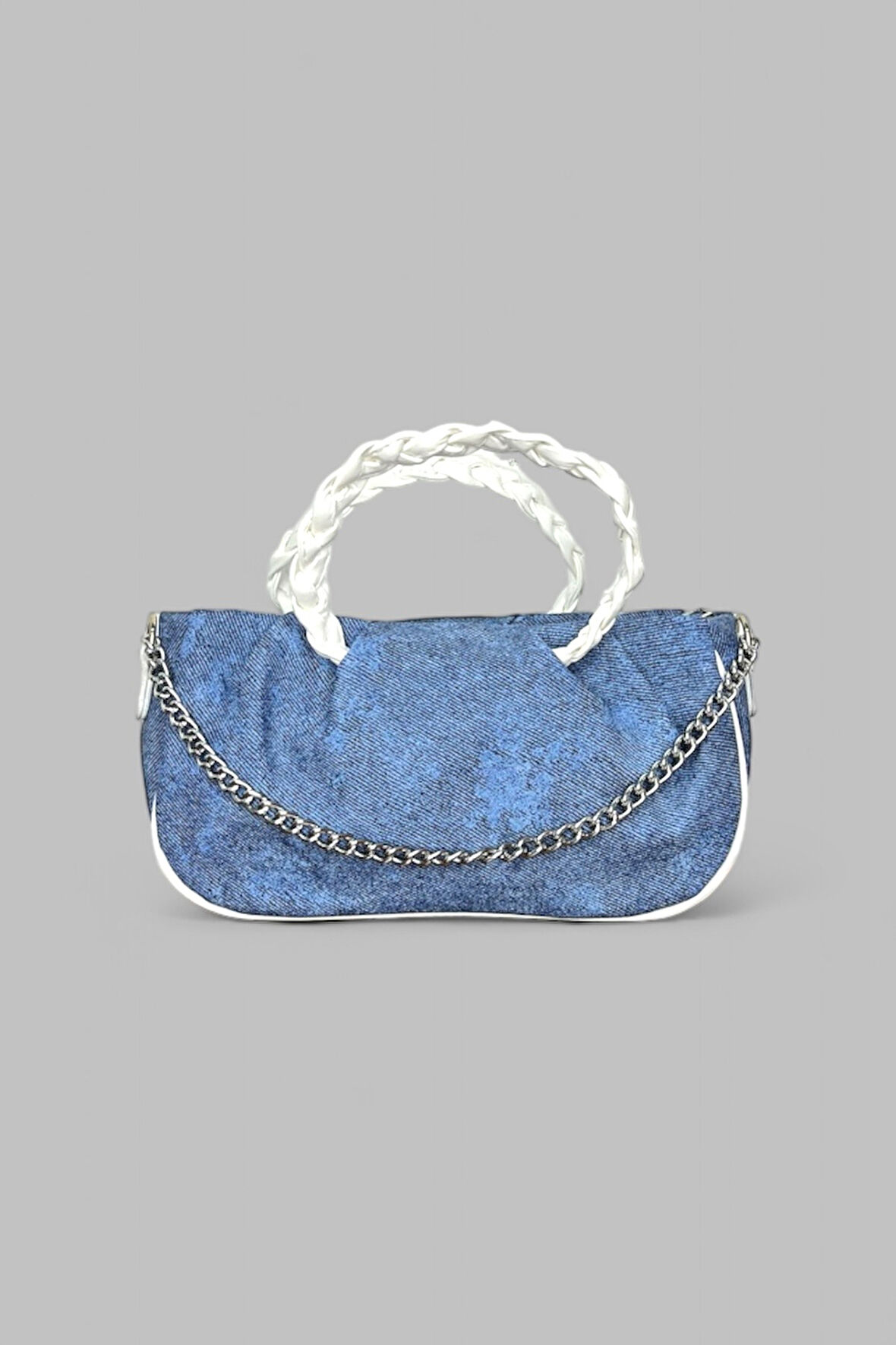 Denim Mini Omuz Çantası, Örgü Beyaz Saplı, Zincir Detaylı, Mavi