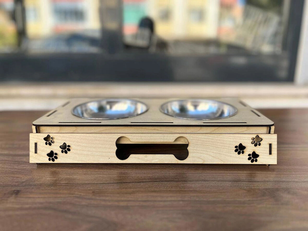 Pati Tasarımlı Ahşap Evcil Hayvan Mama Kabı