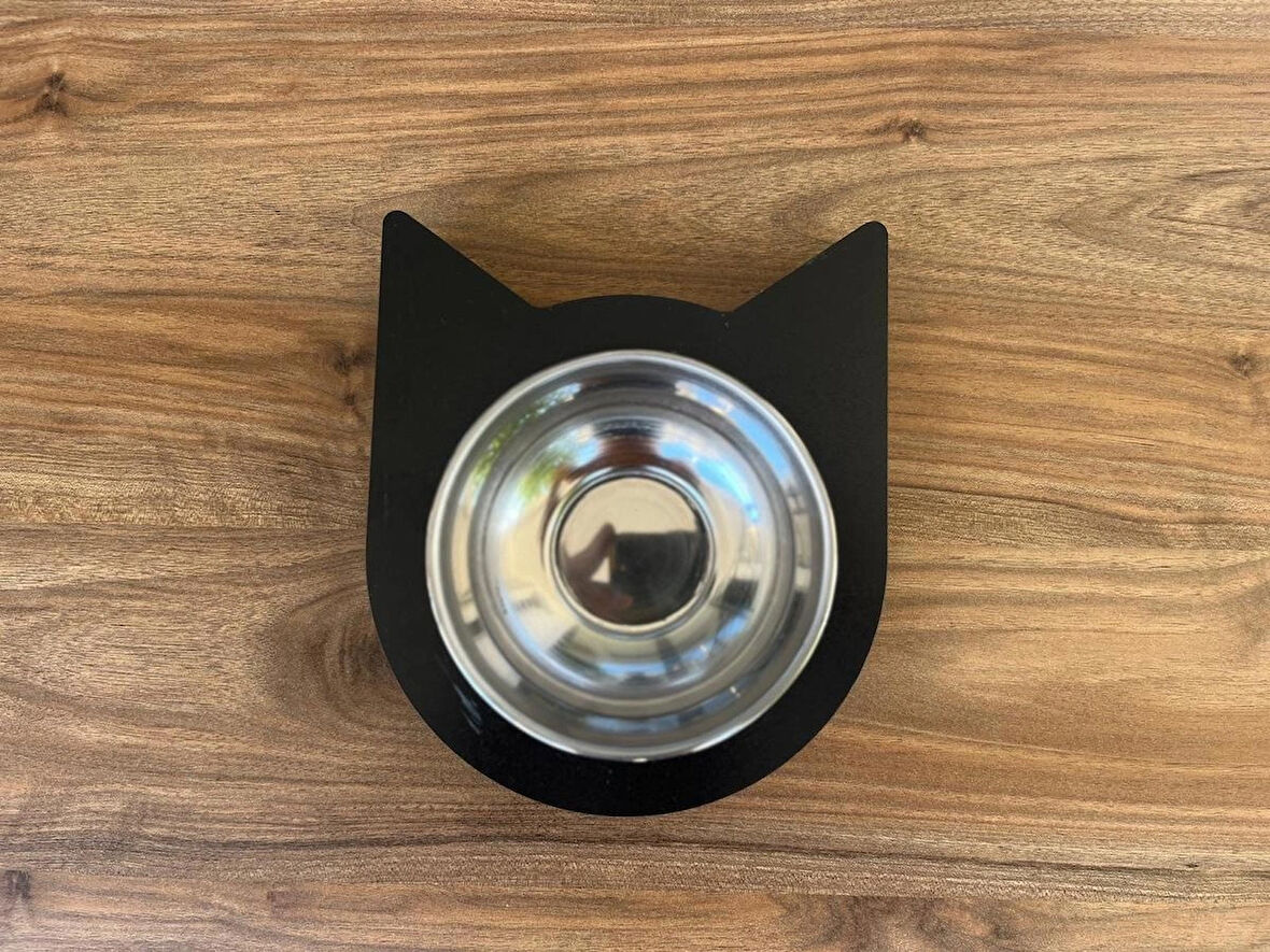 Modern Kedi Figür Tasarımlı Ahşap Evcil Hayvan Mama Kabı Tekli