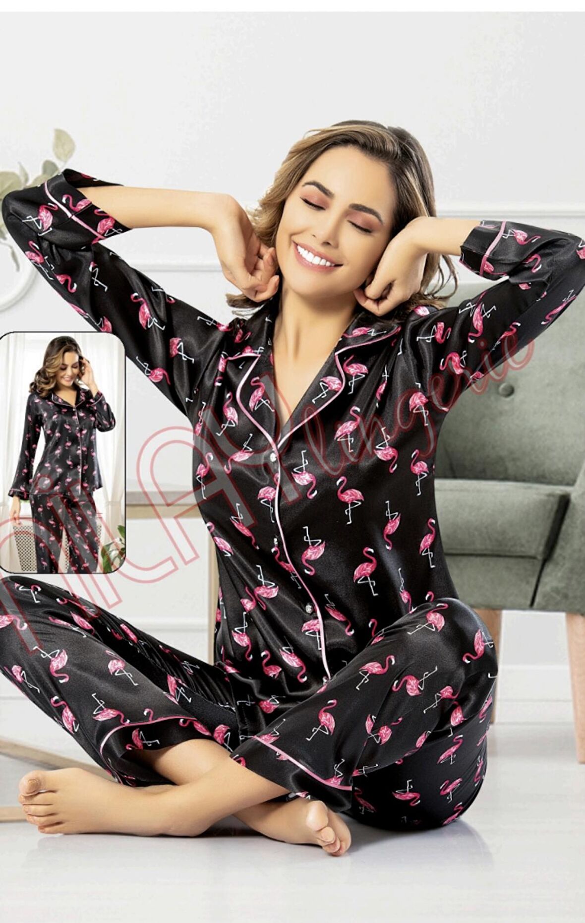 Saten Onden Dugmeli Pijama Takimi 5023