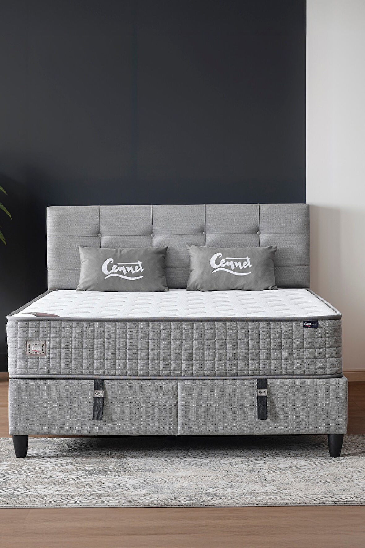 Mimoza Modeli Çift Kişilik Full Ortopedik Yataklı Sandıklı Baza ve Başlık Takımı 3 lü Set