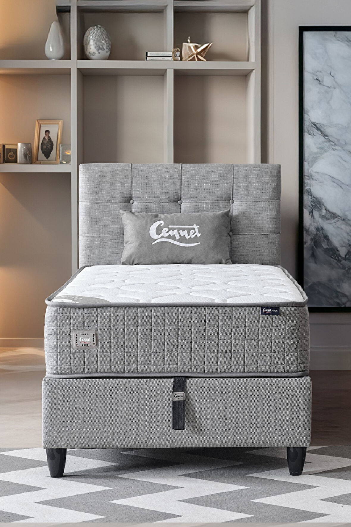Mimoza Tek Kişilik Sandıklı Baza Antibakteriyel Ortopedik Paket Yaylı Yatak 3 lü Set