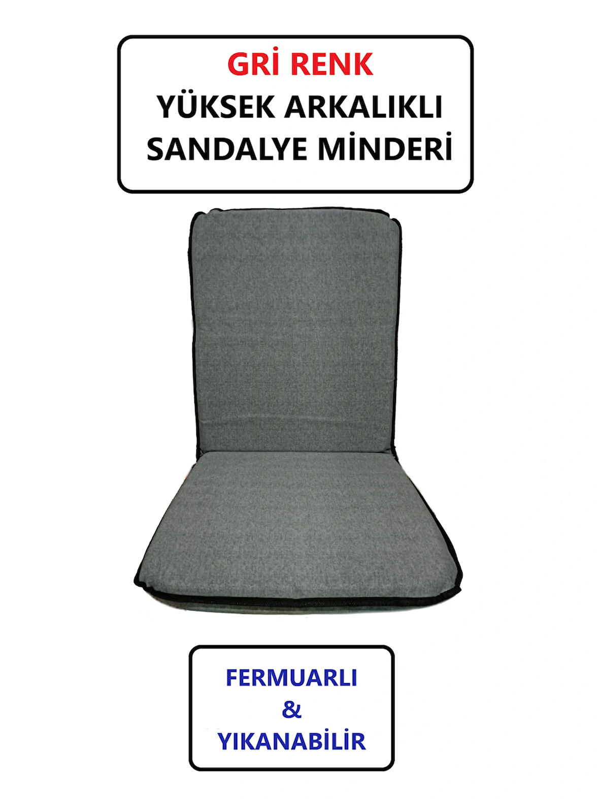 Sandalye Minderi Yüksek Sırt Destekli Fermuarlı Yıkanabilir Sandalye Minderi Tekli Gri Renk