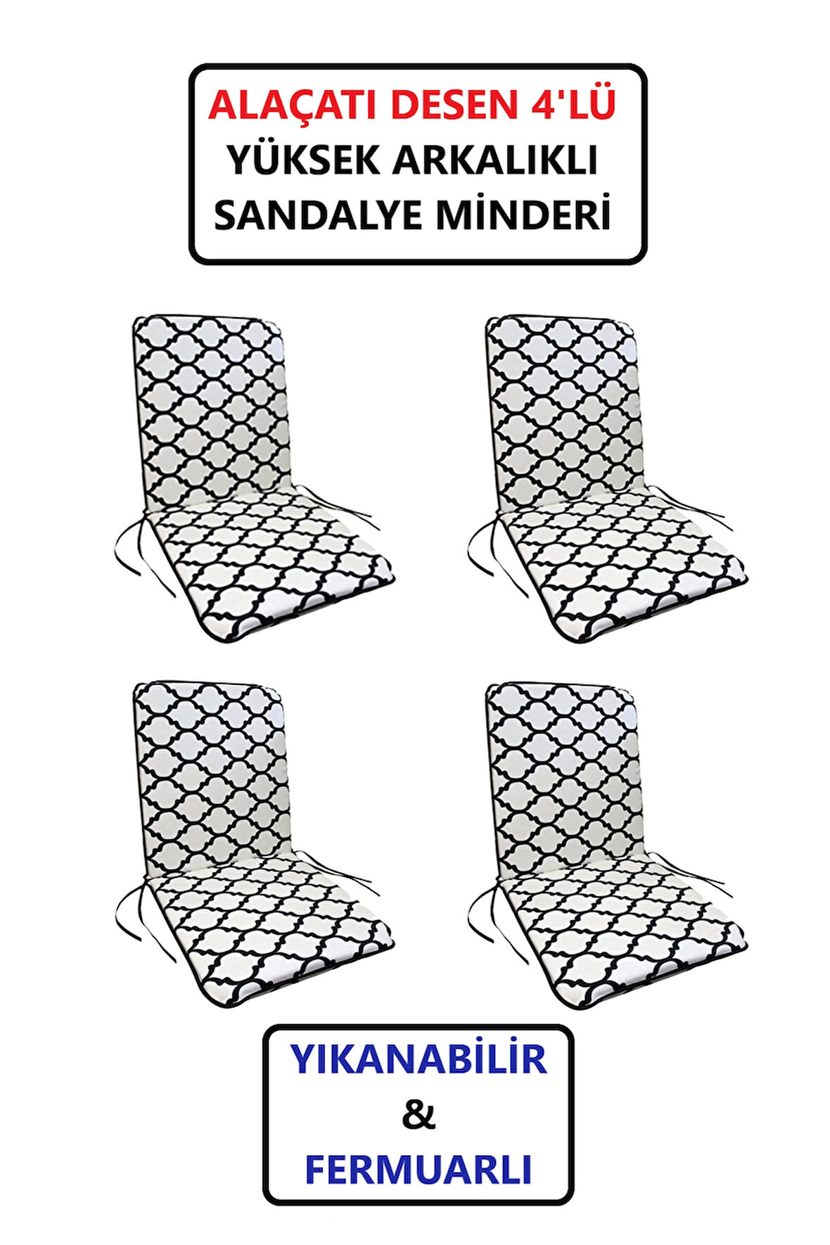 Sandalye Minderi Yüksek Sırt Destekli Fermuarlı Yıkanabilir Sandalye Minderi 4'lü Alaçatı Desen