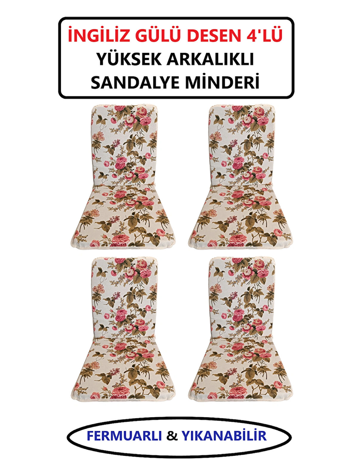 Sandalye Minderi Yüksek Sırt Destekli Fermuarlı Yıkanabilir Sandalye Minderi 4'lü İngiliz Gülü Desen