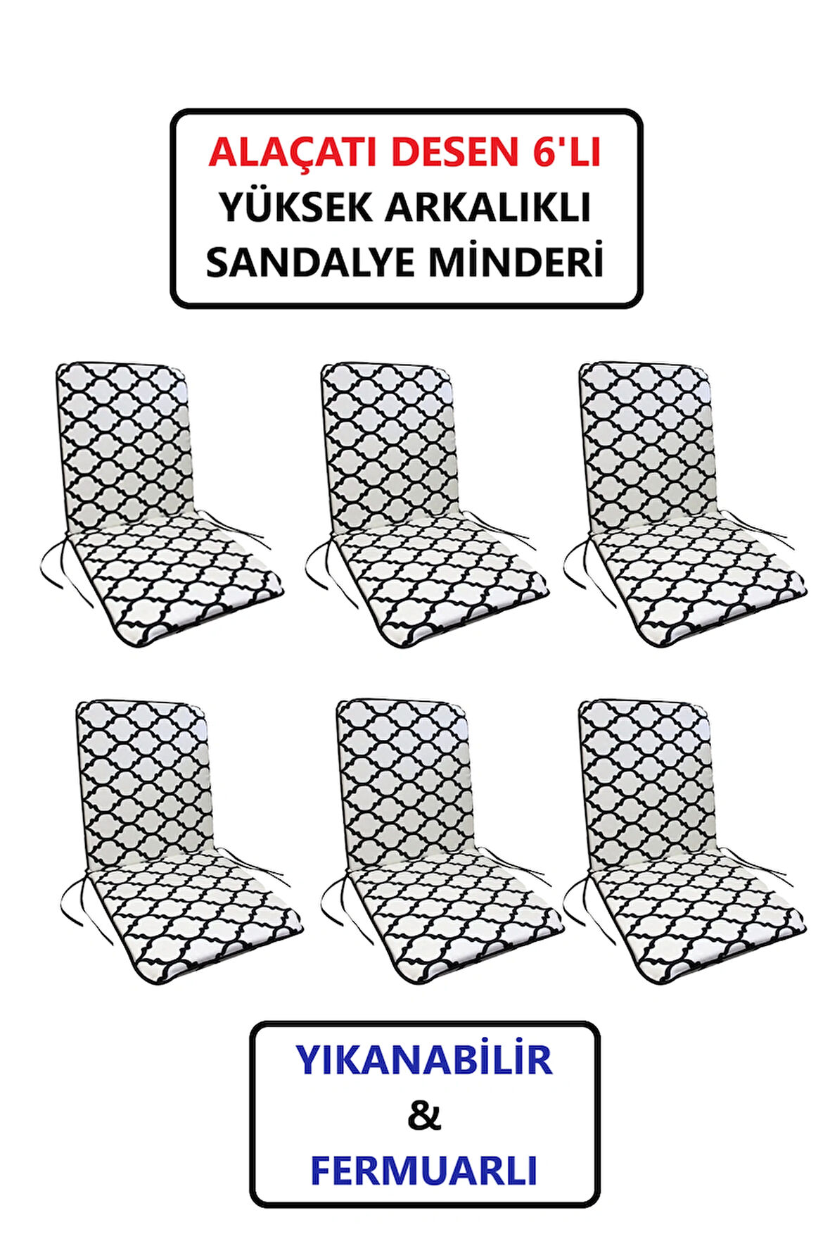 Sandalye Minderi Yüksek Sırt Destekli Fermuarlı Yıkanabilir Sandalye Minderi 6'lı Alaçatı Desen