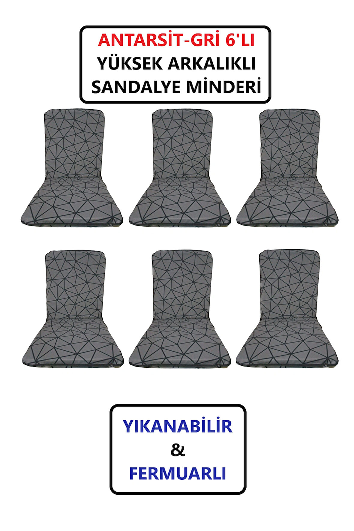 Sandalye Minderi Yüksek Sırt Destekli Fermuarlı Yıkanabilir Sandalye Minderi 6'lı Antrasit-Gri Renk