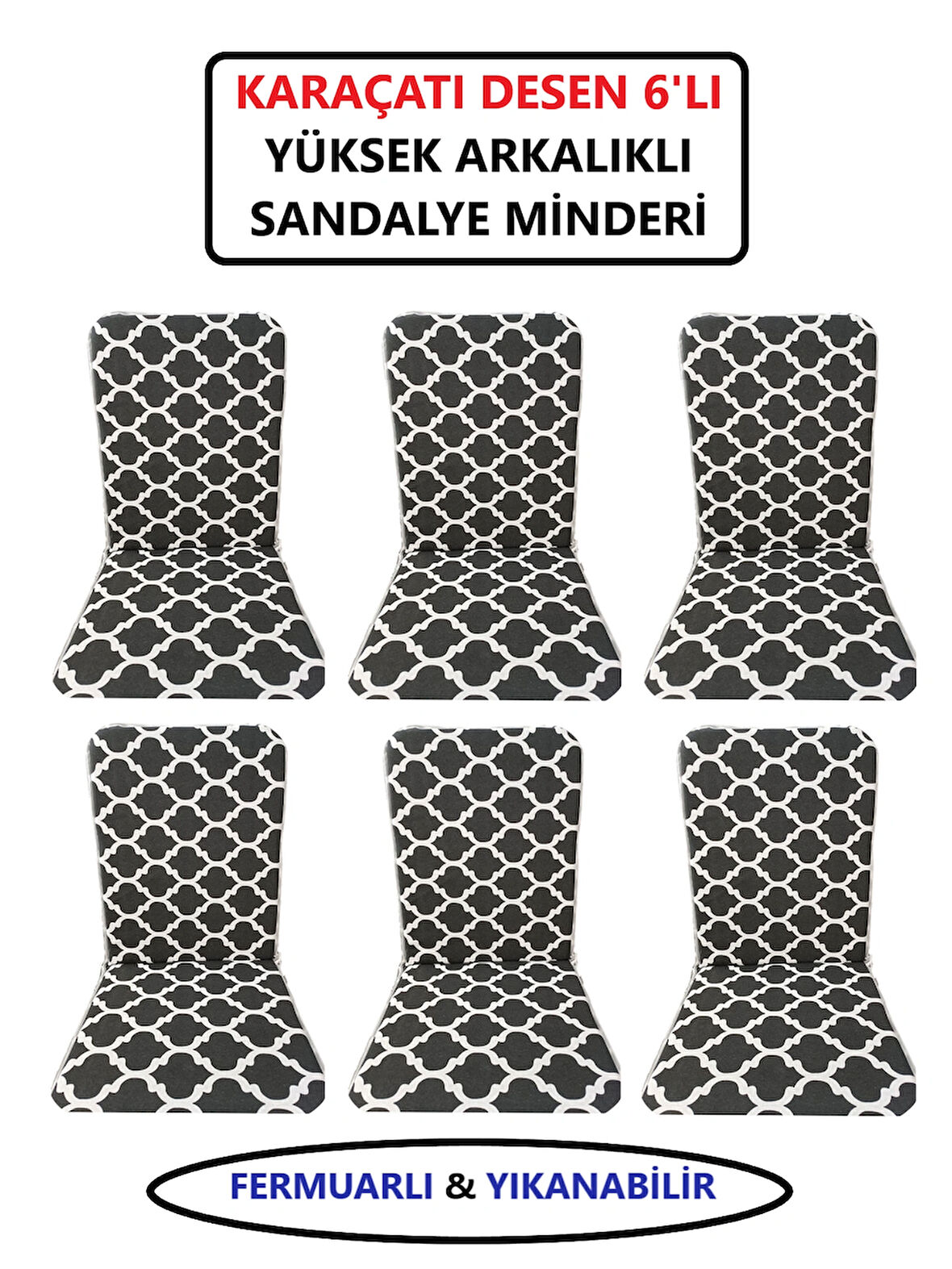 Sandalye Minderi Yüksek Sırt Destekli Fermuarlı Yıkanabilir Sandalye Minderi 6'lı Karaçatı Desen