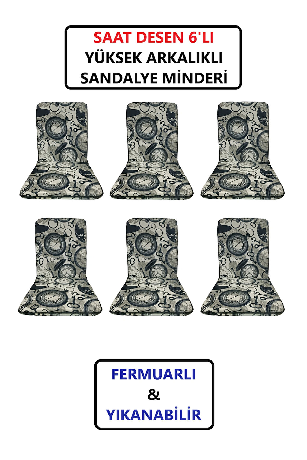 Sandalye Minderi Yüksek Sırt Destekli Fermuarlı Yıkanabilir Sandalye Minderi 6'lı Saat Desen