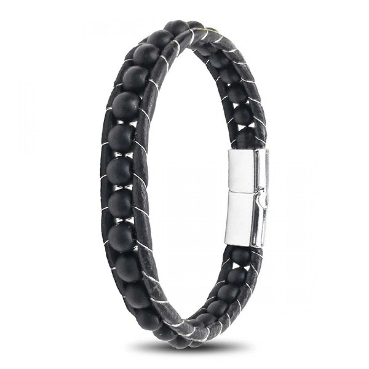 Moncuk Design 6Mm Mat Oniks Taşlı Deri Kordon Ve Çelik Bileklik 33512B2D6M1