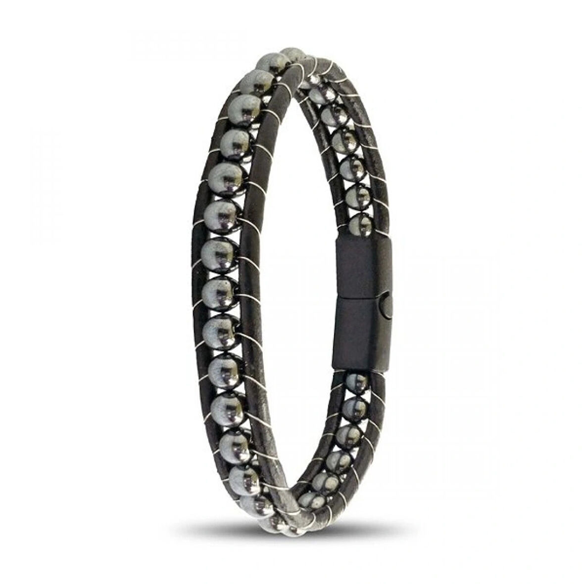 Moncuk Design 6Mm Hematit Taşlı Deri Kordon Ve Çelik Bileklik 33512B2D6M3