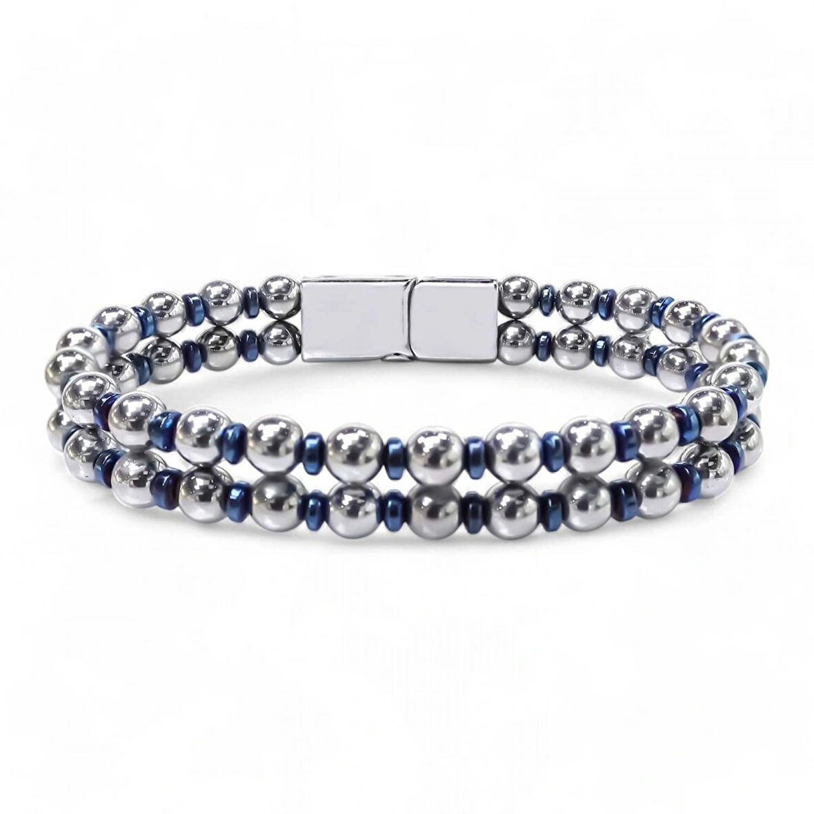 Moncuk Design Çift Gümüş Ve Mavi Renk Hematit Çelik Bileklik 33512B20D3