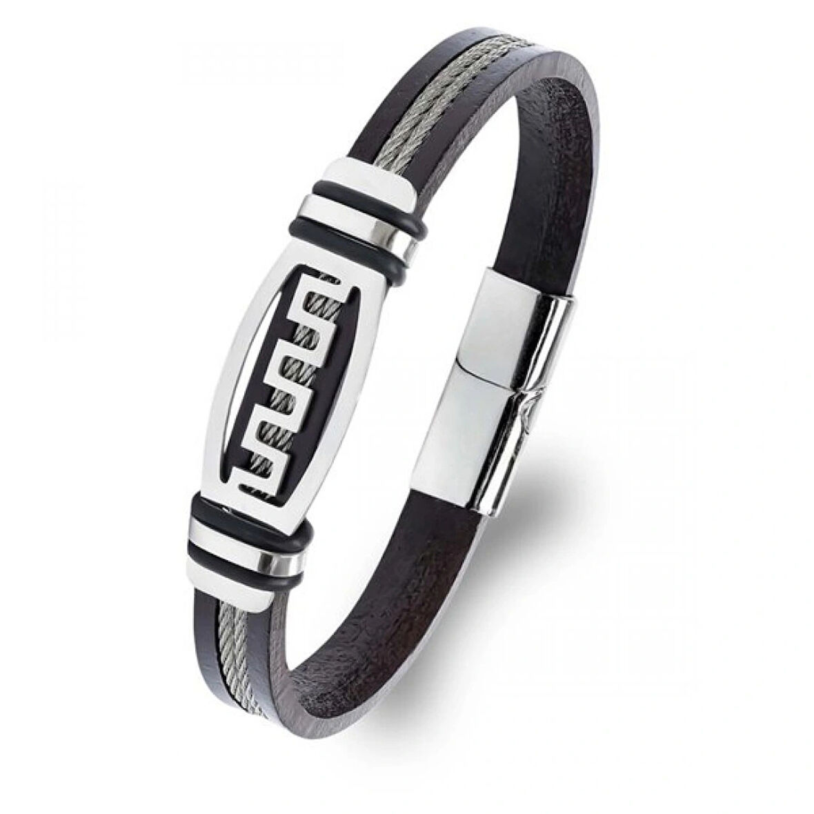 Moncuk Design Meander Motifli Çelik Halatlı Deri Erkek Bileklik 33514B17D1