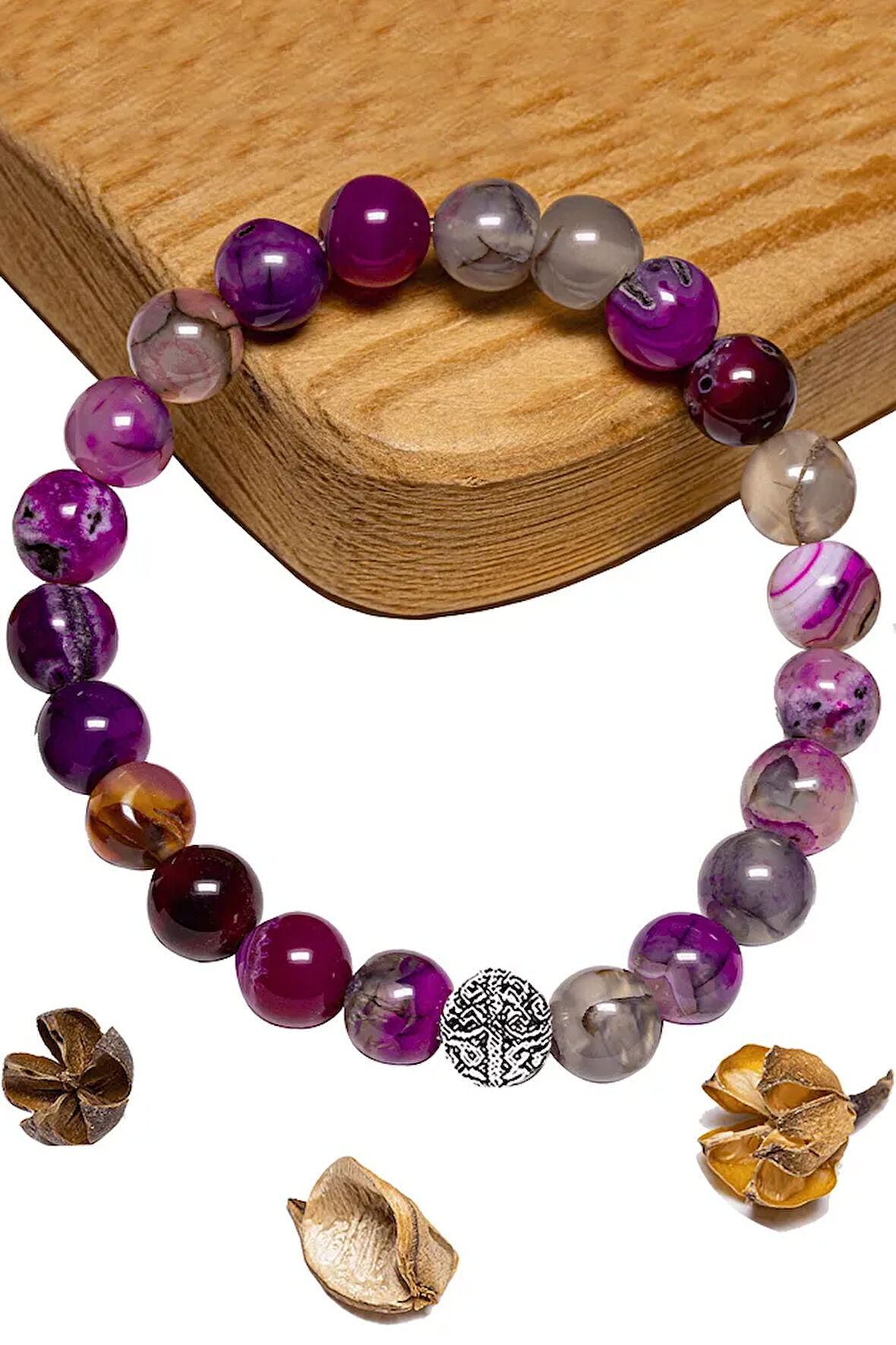 Sertifikalı Aaa+ Pembe - Beyaz Akik Taşı Bileklik - Gümüş Aparatlı