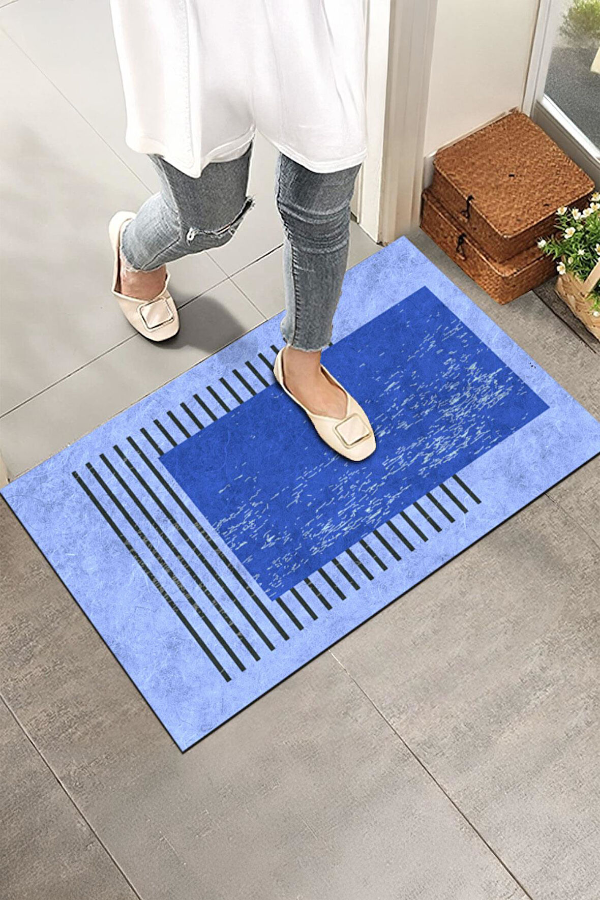 Monnhein Kapı Önü Paspası - Modern ve Şık Kapı Paspası | Ev, Ofis ve Dış Mekân Kullanımı İçin (Mavi Minimal)