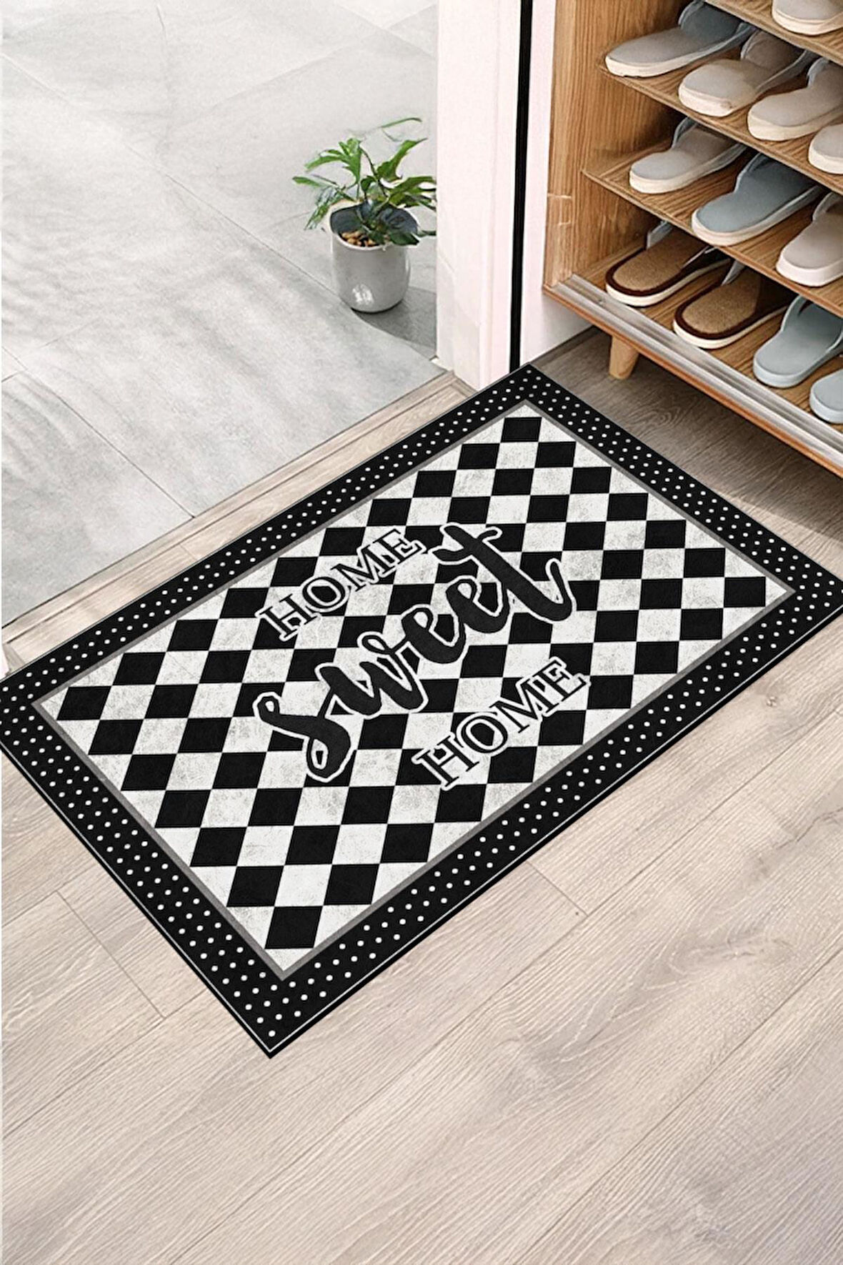 Monnhein Kapı Önü Paspası - Modern ve Şık Kapı Paspası | Ev, Ofis ve Dış Mekân Kullanımı İçin (Checkered Sweet Home)